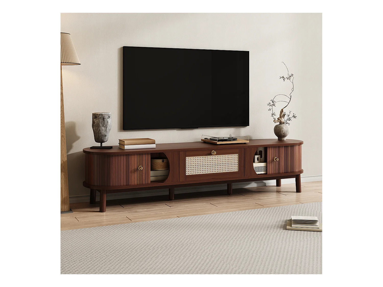 Meuble TV 170x39.5x38cm - avec 1 tiroir et 2 portes coulissantes - texture rayée - style campagnard - marron