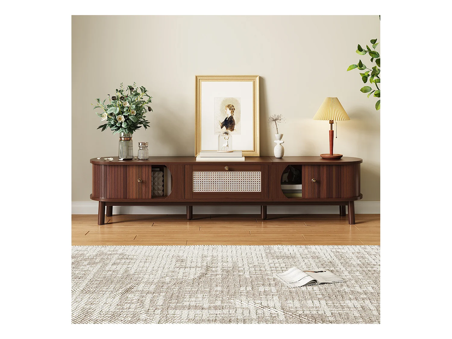 Meuble TV 170x39.5x38cm - avec 1 tiroir et 2 portes coulissantes - texture rayée - style campagnard - marron