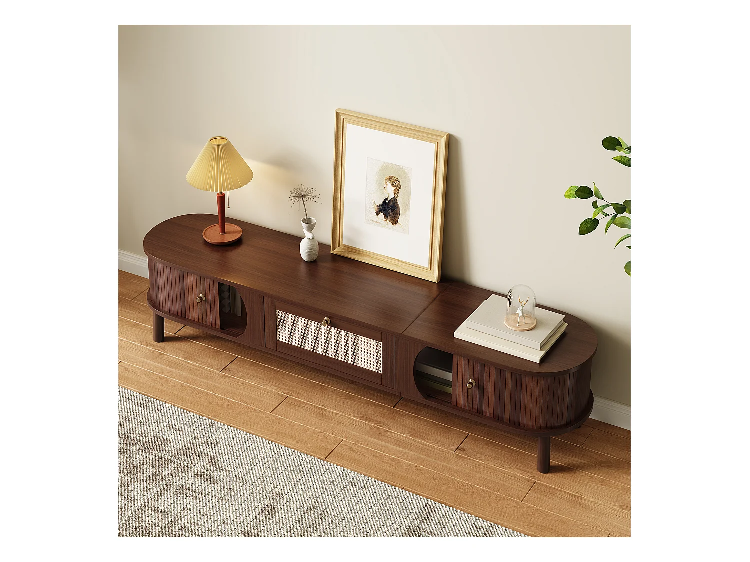 Meuble TV 170x39.5x38cm - avec 1 tiroir et 2 portes coulissantes - texture rayée - style campagnard - marron