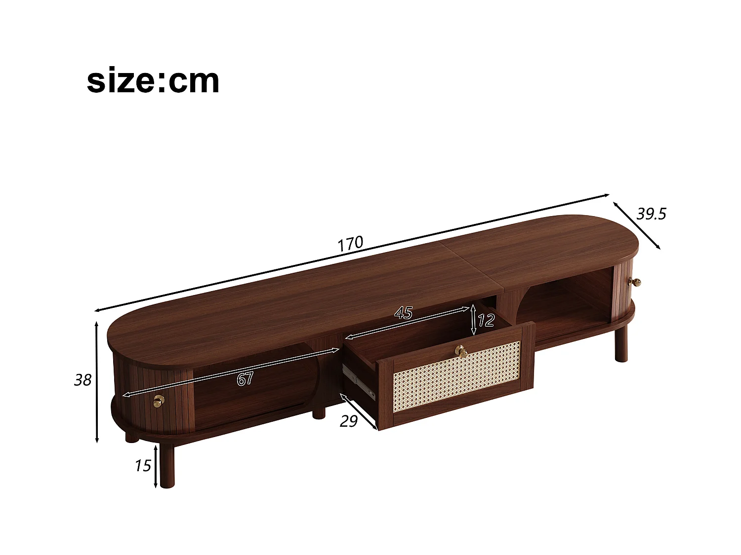 Meuble TV 170x39.5x38cm - avec 1 tiroir et 2 portes coulissantes - texture rayée - style campagnard - marron