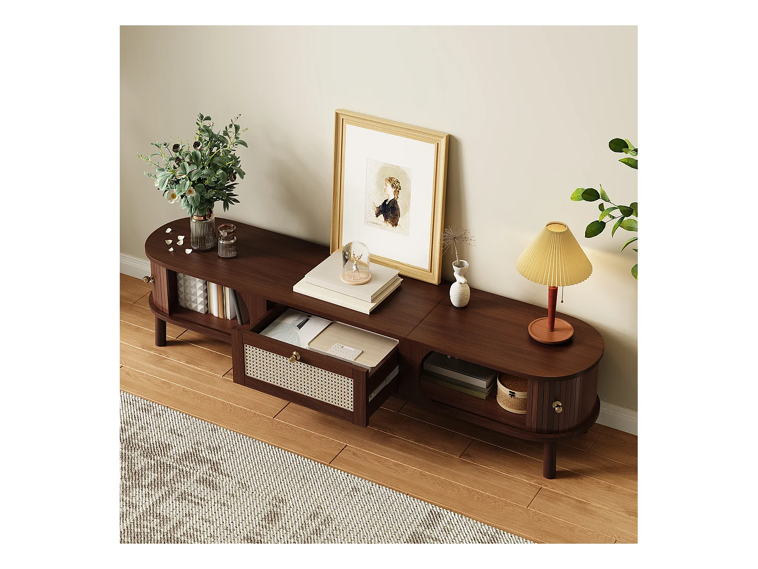 Meuble TV 170x39.5x38cm - avec 1 tiroir et 2 portes coulissantes - texture rayée - style campagnard - marron