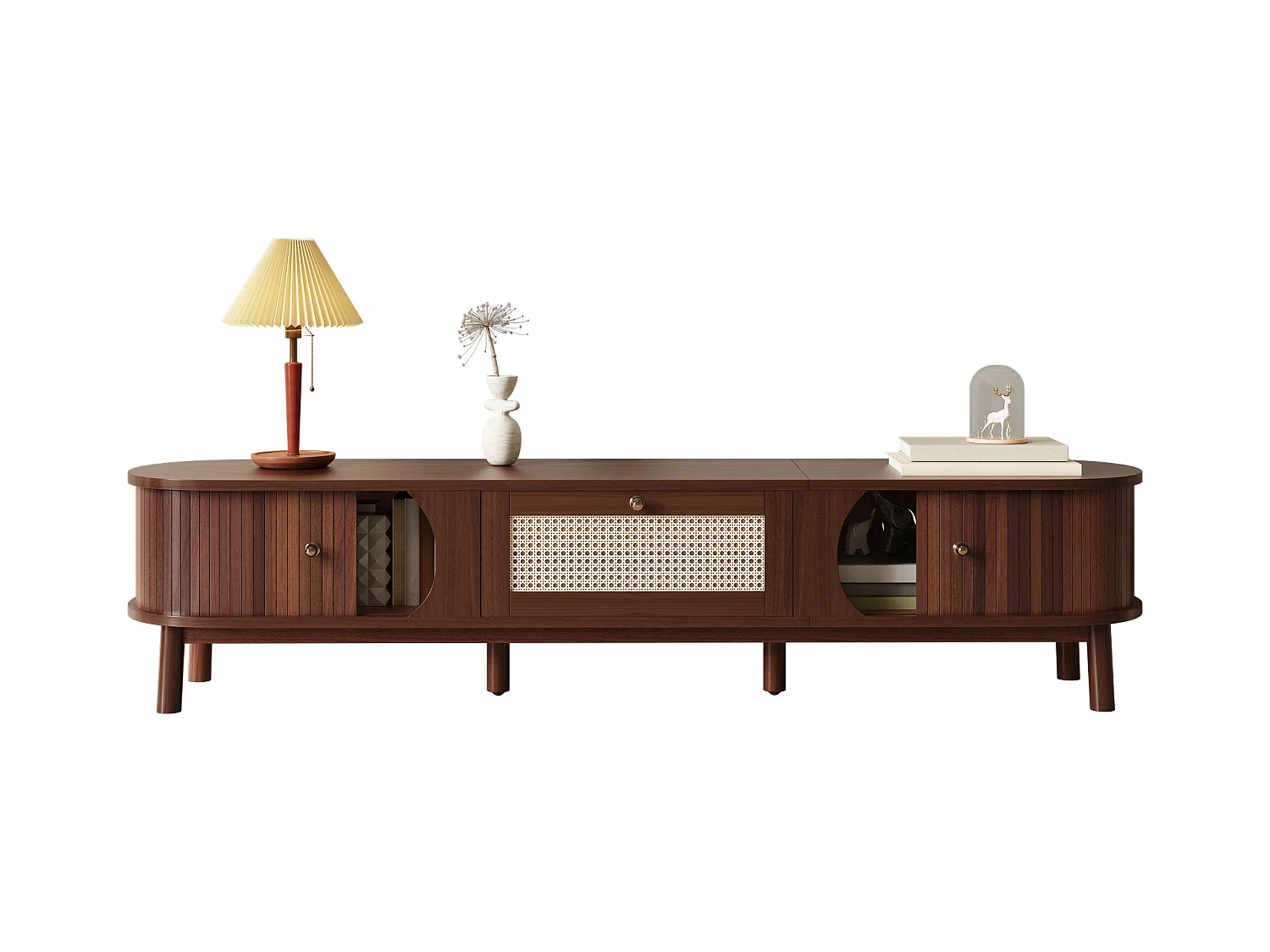 Meuble TV 170x39.5x38cm - avec 1 tiroir et 2 portes coulissantes - texture rayée - style campagnard - marron