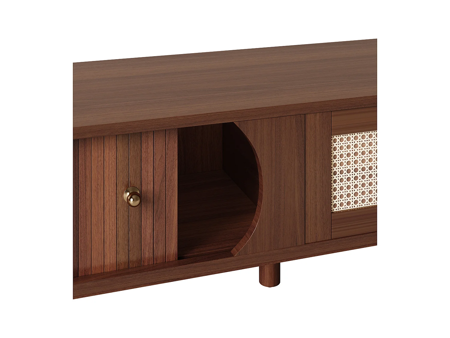 Meuble TV 170x39.5x38cm - avec 1 tiroir et 2 portes coulissantes - texture rayée - style campagnard - marron