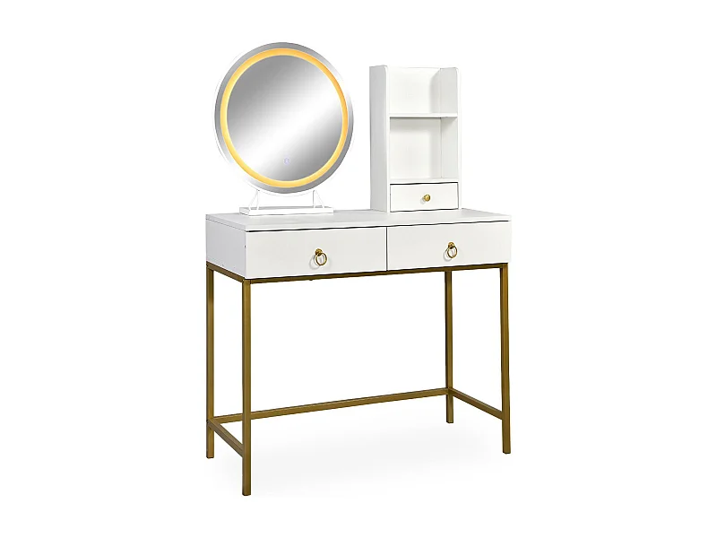 Coiffeuse moderne avec miroir rond lumineux Oracle L90cm Blanc et Or