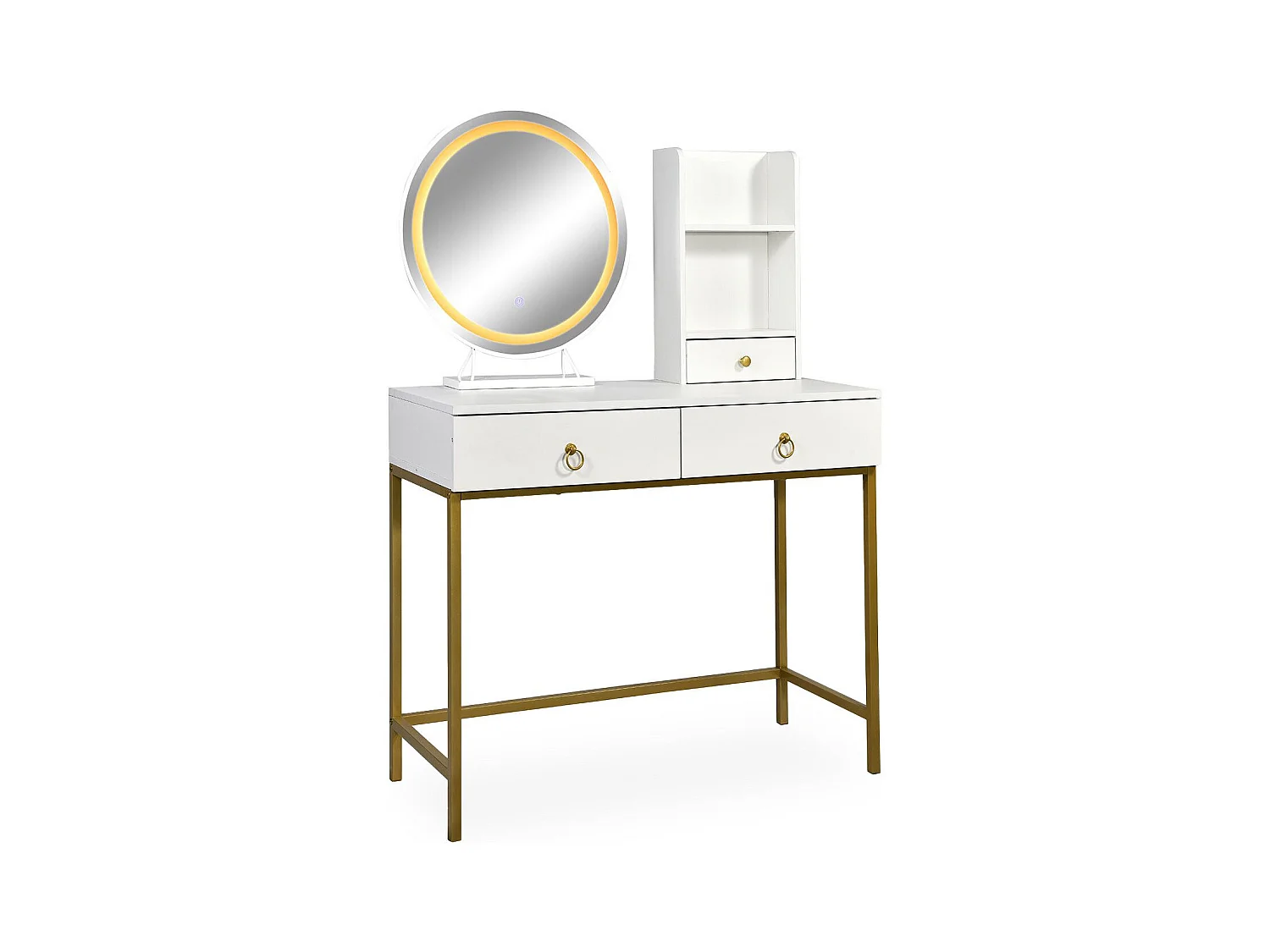 Coiffeuse moderne avec miroir rond lumineux Oracle L90cm Blanc et Or