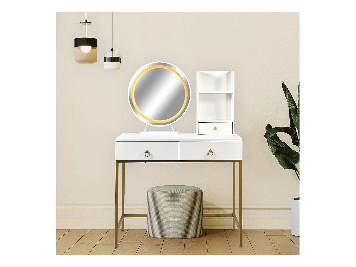 Coiffeuse moderne avec miroir rond lumineux Oracle L90cm Blanc et Or