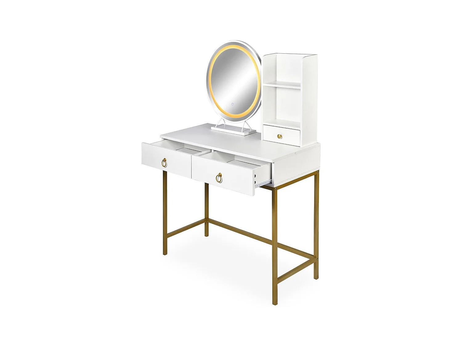 Coiffeuse moderne avec miroir rond lumineux Oracle L90cm Blanc et Or