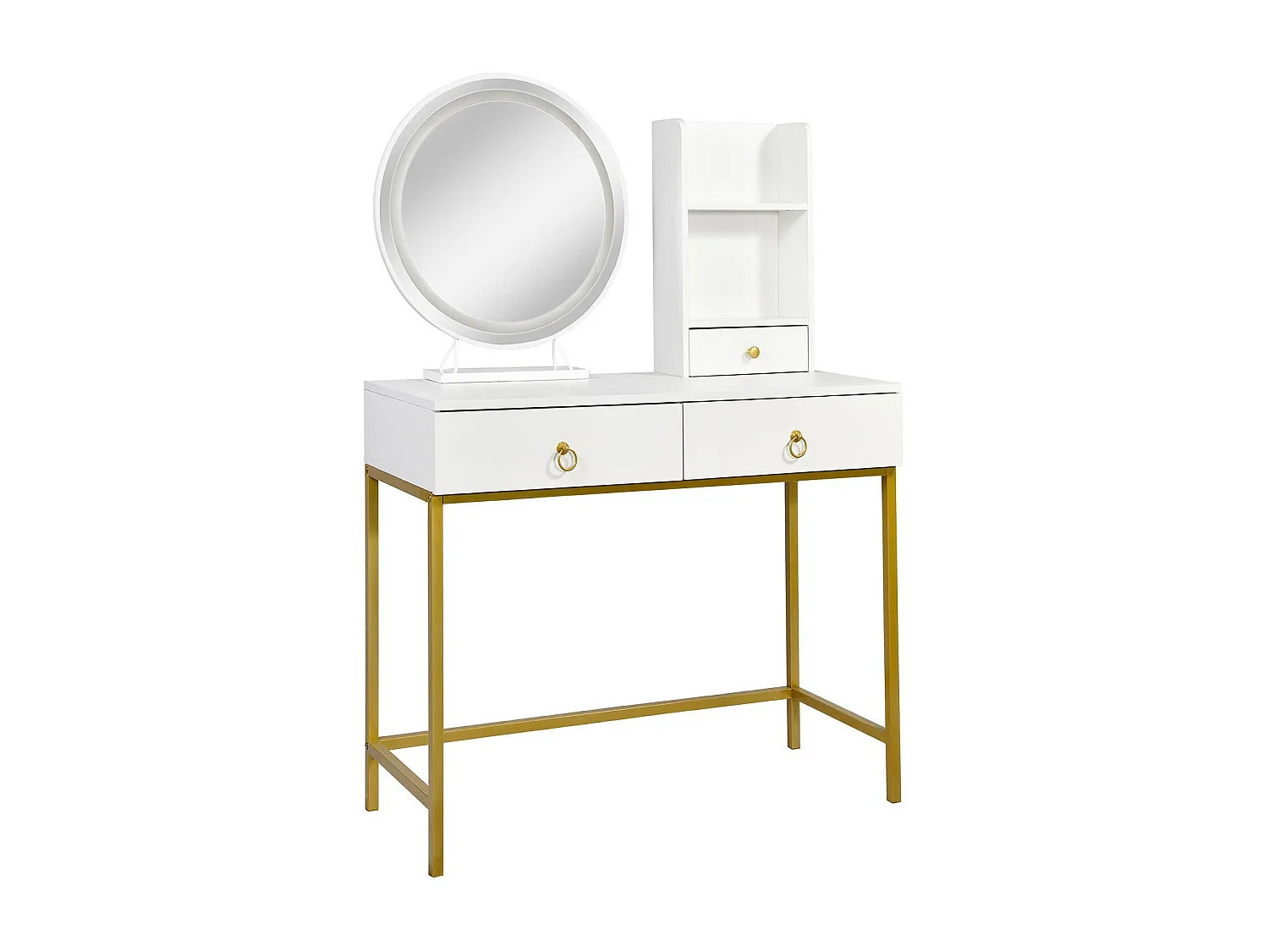 Coiffeuse moderne avec miroir rond lumineux Oracle L90cm Blanc et Or