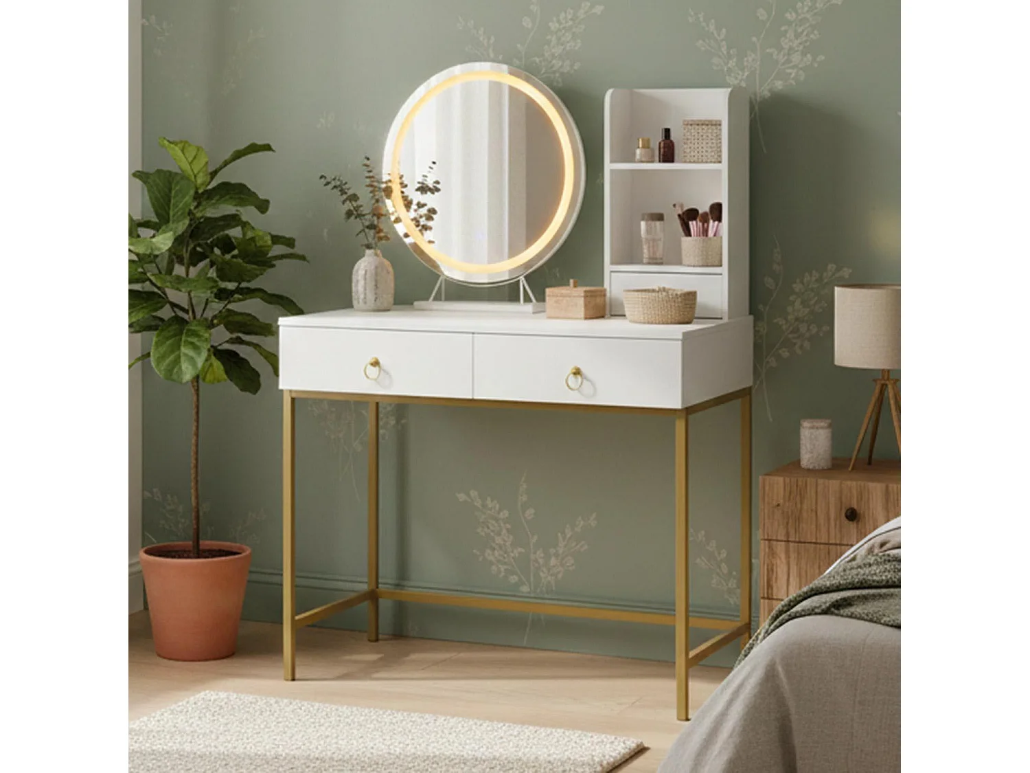 Coiffeuse moderne avec miroir rond lumineux Oracle L90cm Blanc et Or
