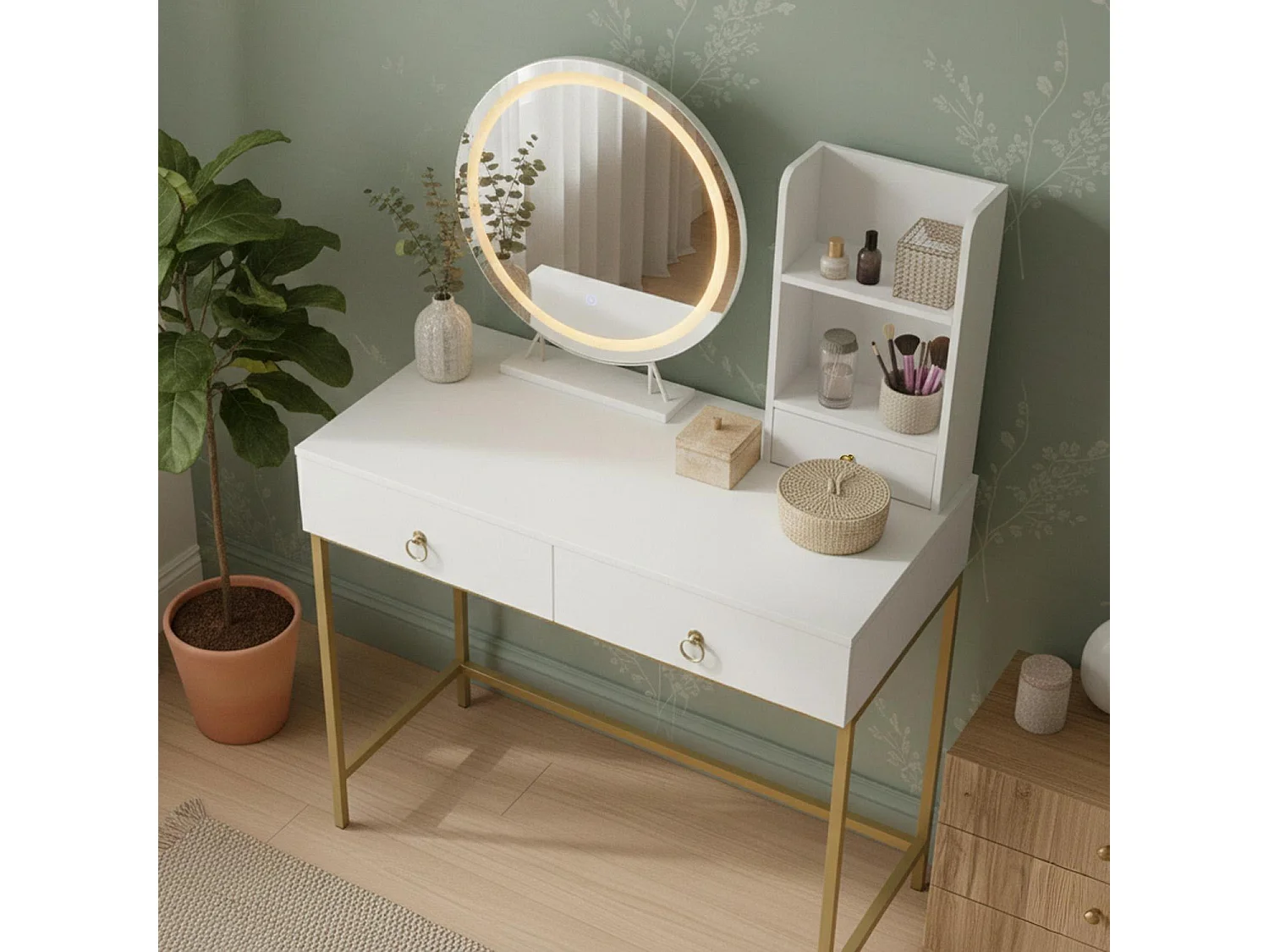 Coiffeuse moderne avec miroir rond lumineux Oracle L90cm Blanc et Or