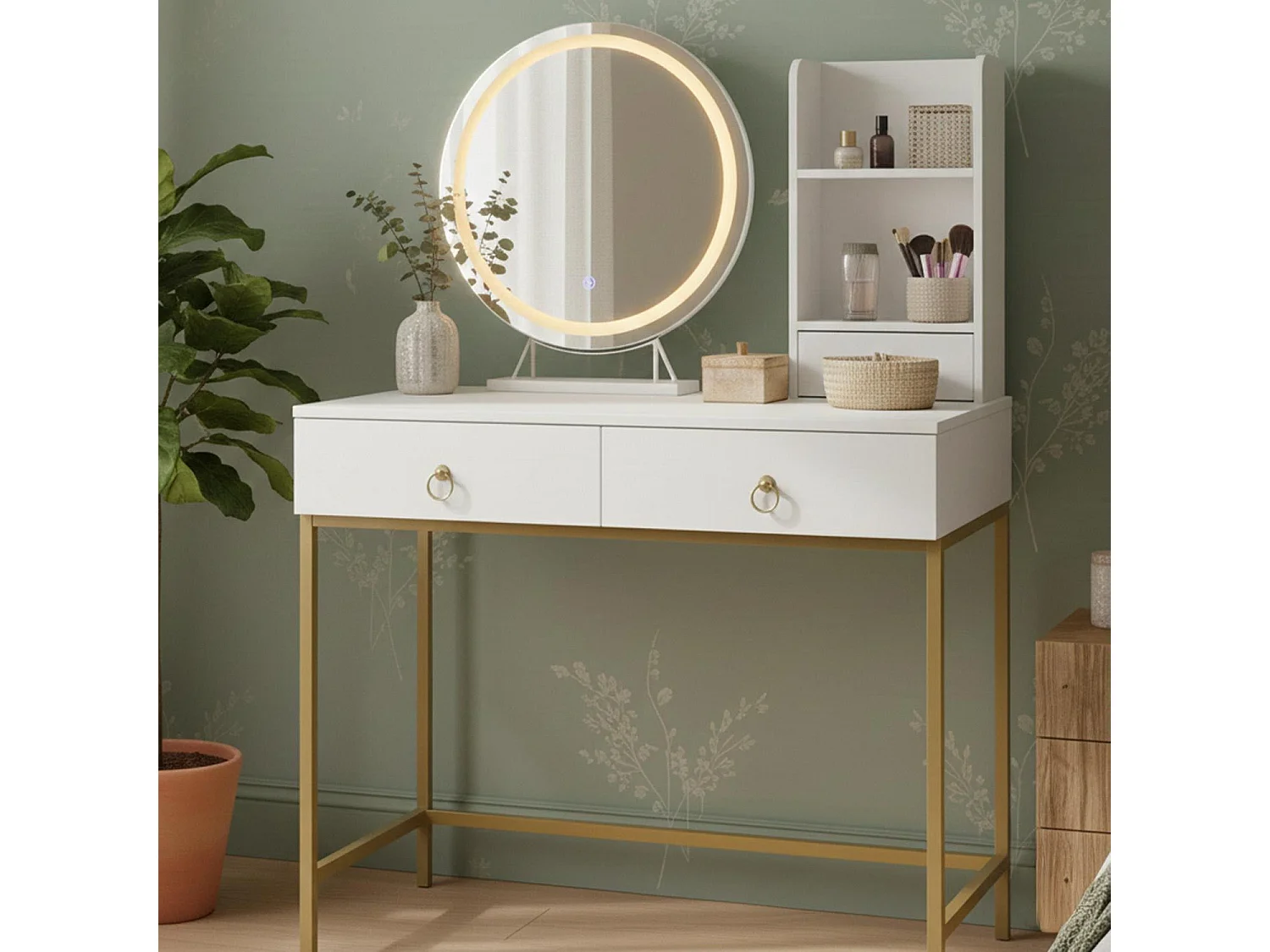 Coiffeuse moderne avec miroir rond lumineux Oracle L90cm Blanc et Or