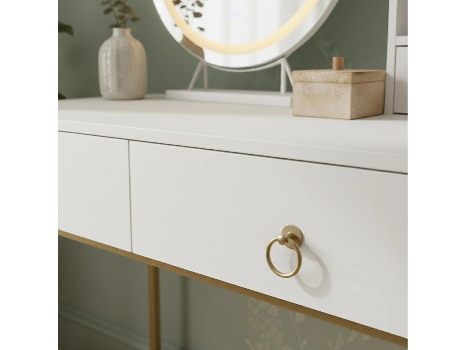 Coiffeuse moderne avec miroir rond lumineux Oracle L90cm Blanc et Or