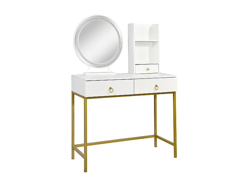 Coiffeuse moderne avec miroir rond lumineux Oracle L90cm Blanc et Or
