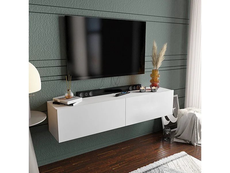 Meuble TV scandinave, blanc, 159,7 x 36,8 x 34,1 cm | Panneau de particules 100 % mélaminé, épaisseur 18 mm | Élégant et fonctionnel pour un salon moderne