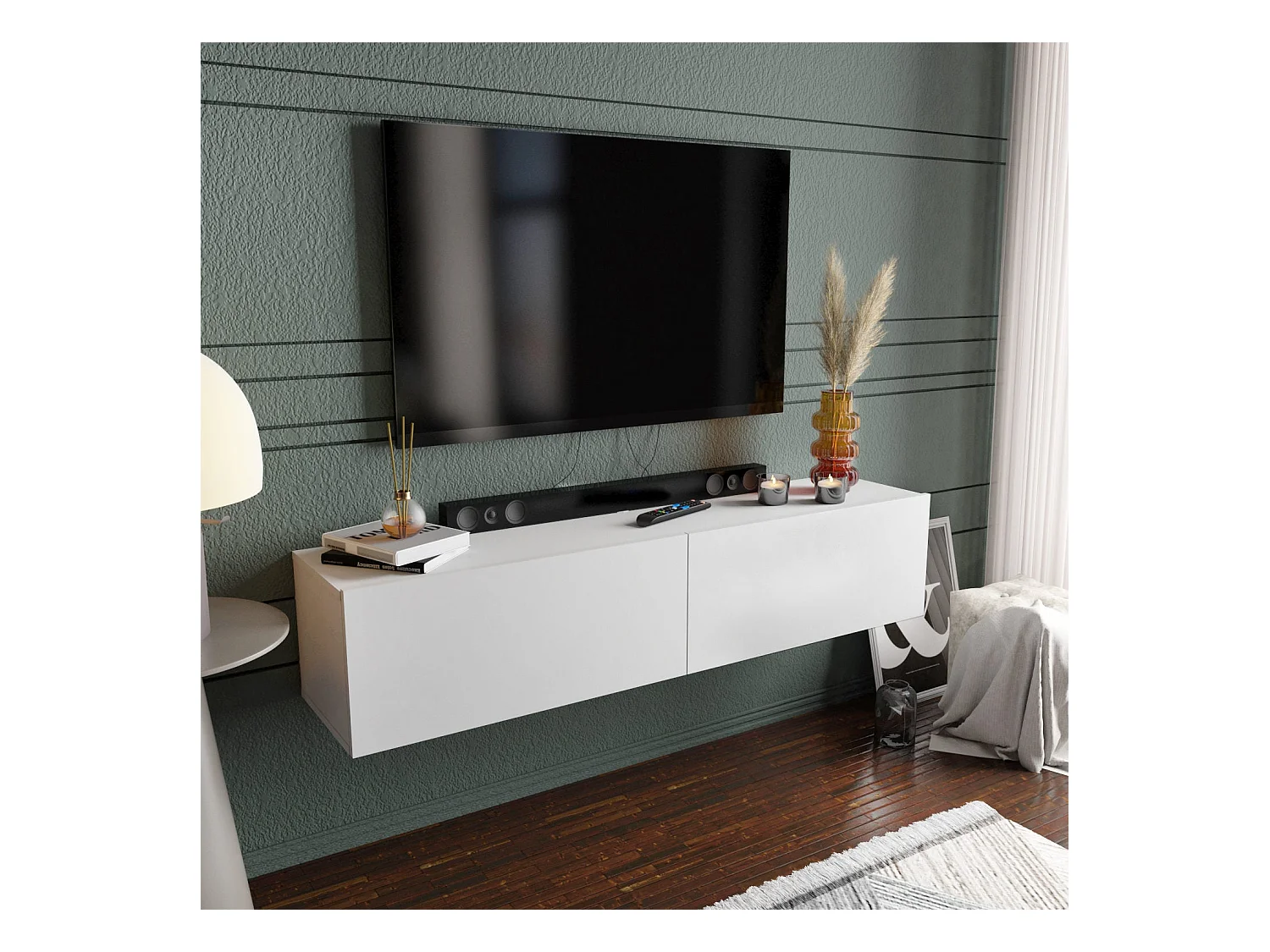 Meuble TV scandinave, blanc, 159,7 x 36,8 x 34,1 cm | Panneau de particules 100 % mélaminé, épaisseur 18 mm | Élégant et fonctionnel pour un salon moderne