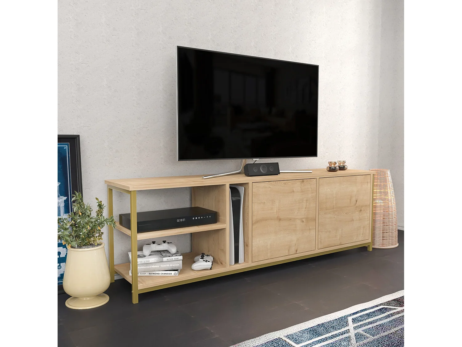 Meuble TV élégant en chêne et or, 160 cm de large, 50,8 cm de haut | Panneau de particules 100 % mélaminé, épaisseur 18 mm | Idéal pour les salons modernes