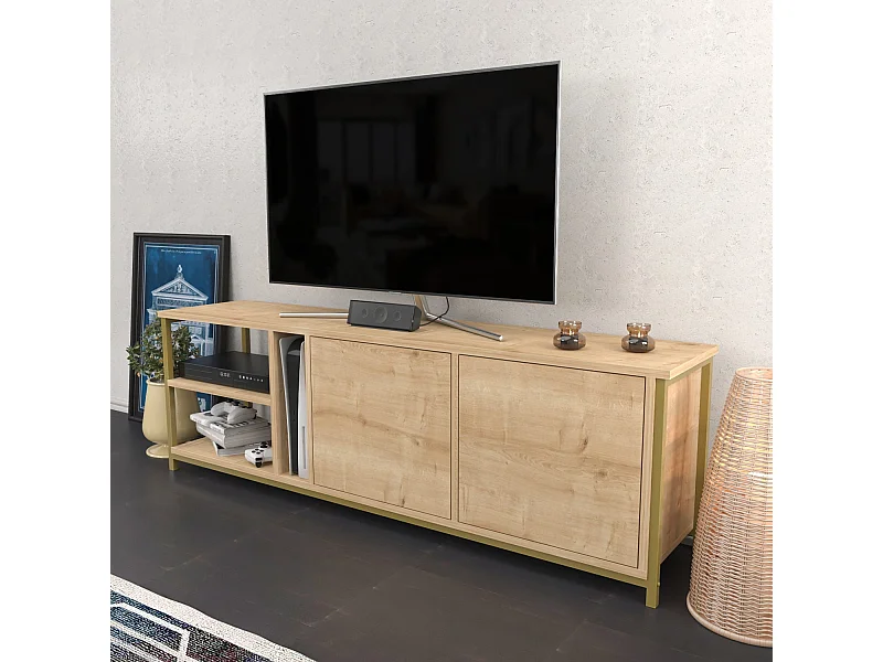 Elegante tv-standaard van eikenhout en goud, 160 cm breed, 50,8 cm hoog | 100% melamine gecoate spaanplaat, 18 mm dik | Perfect voor moderne woonkamers