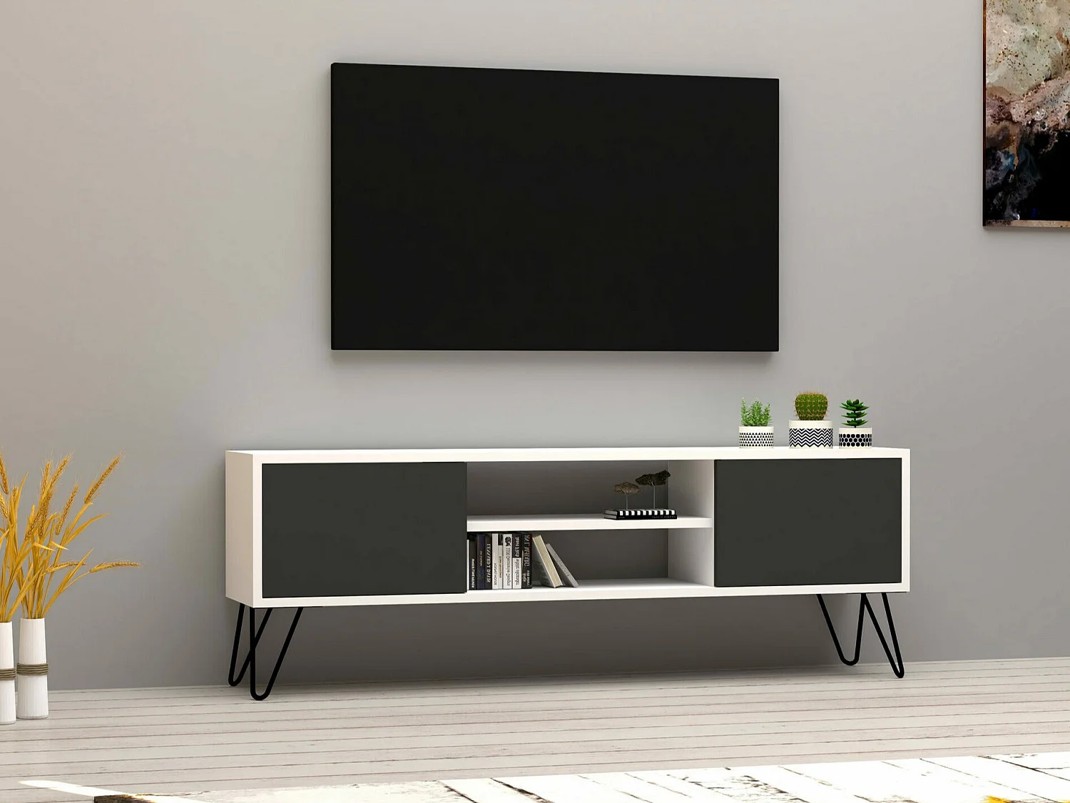 Meuble TV – 140 cm de large – Blanc et anthracite – Panneaux de particules mélaminés