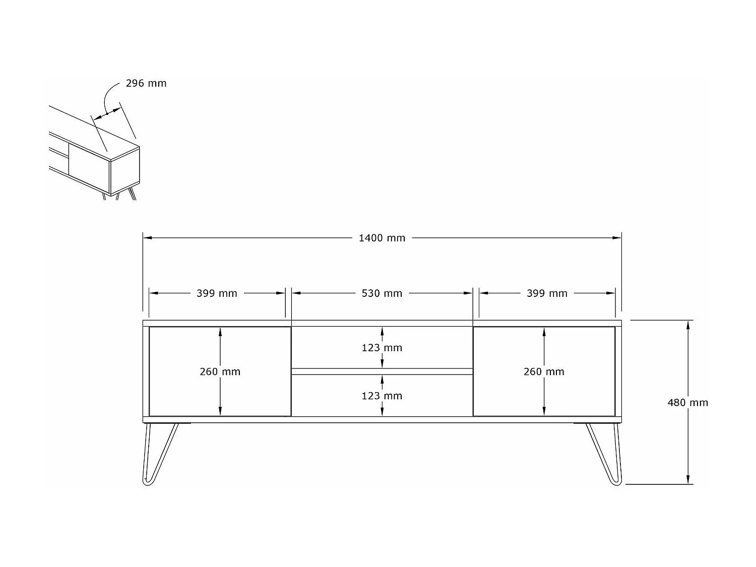 Meuble TV – 140 cm de large – Blanc et anthracite – Panneaux de particules mélaminés