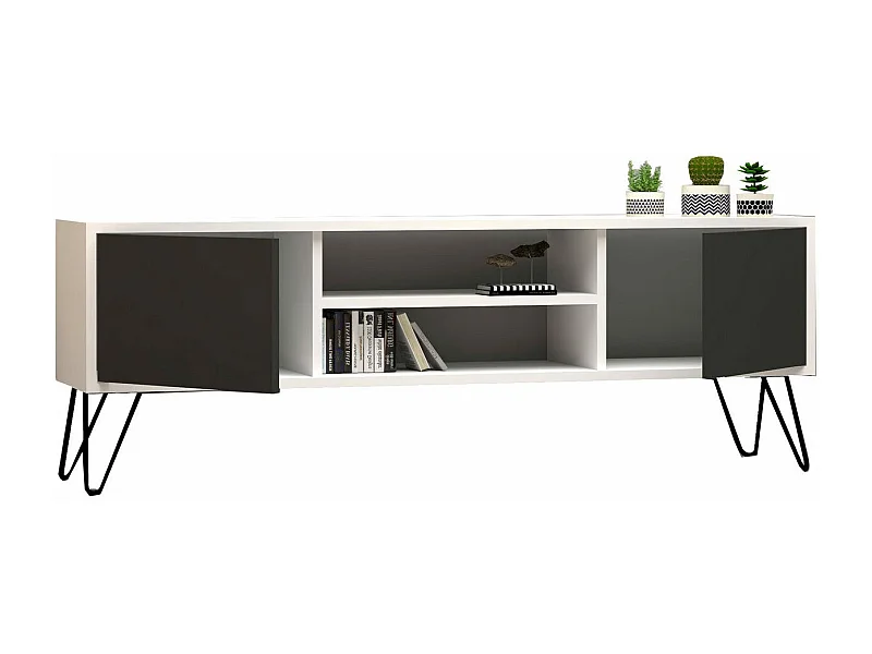 Meuble TV – 140 cm de large – Blanc et anthracite – Panneaux de particules mélaminés