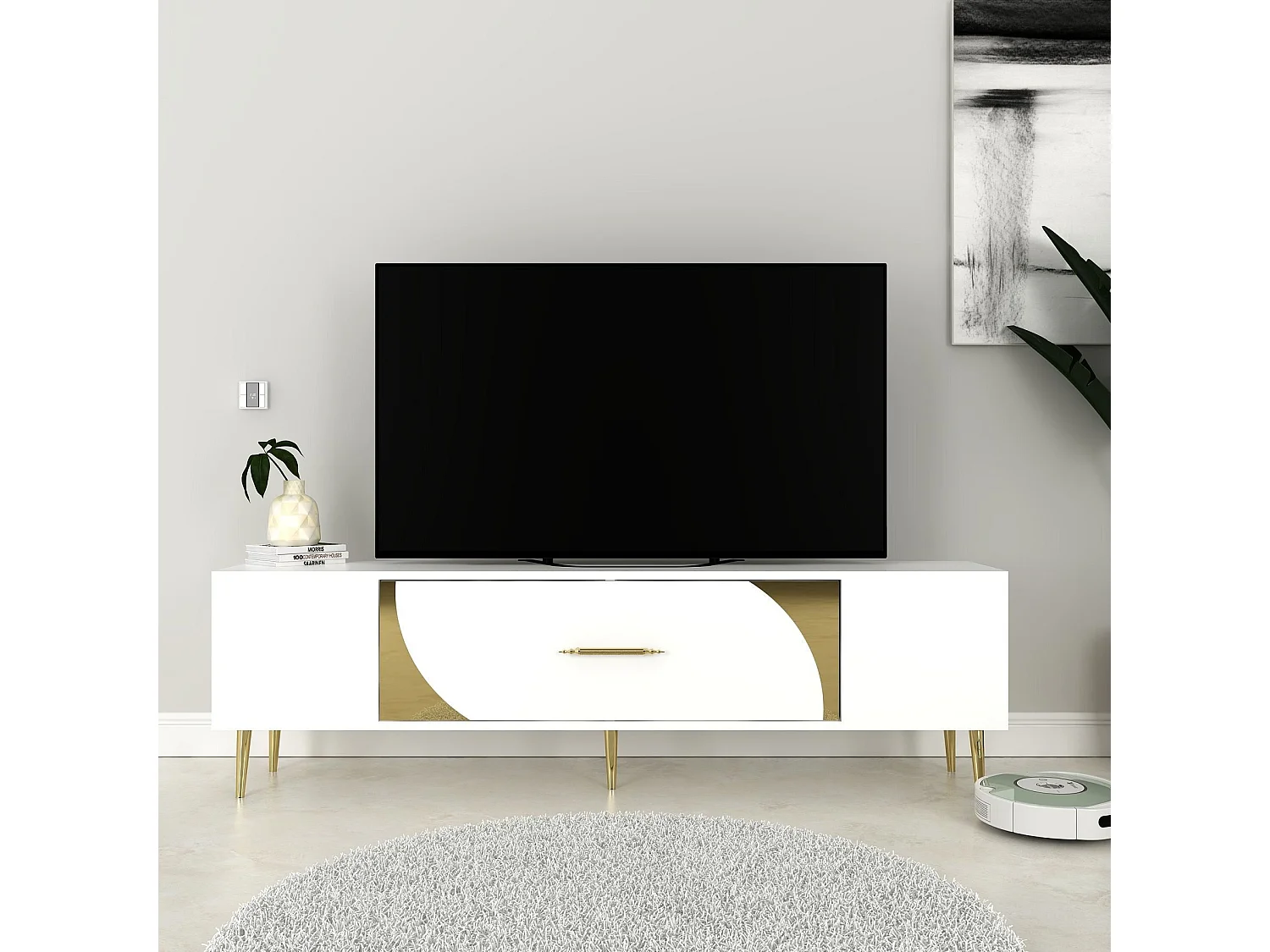 Meuble Tv design 1 porte basculante Mirale L150cm Blanc et Or