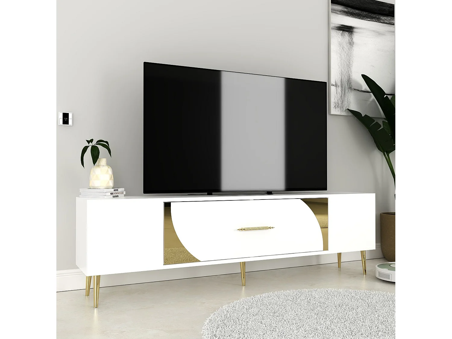 Meuble Tv design 1 porte basculante Mirale L150cm Blanc et Or