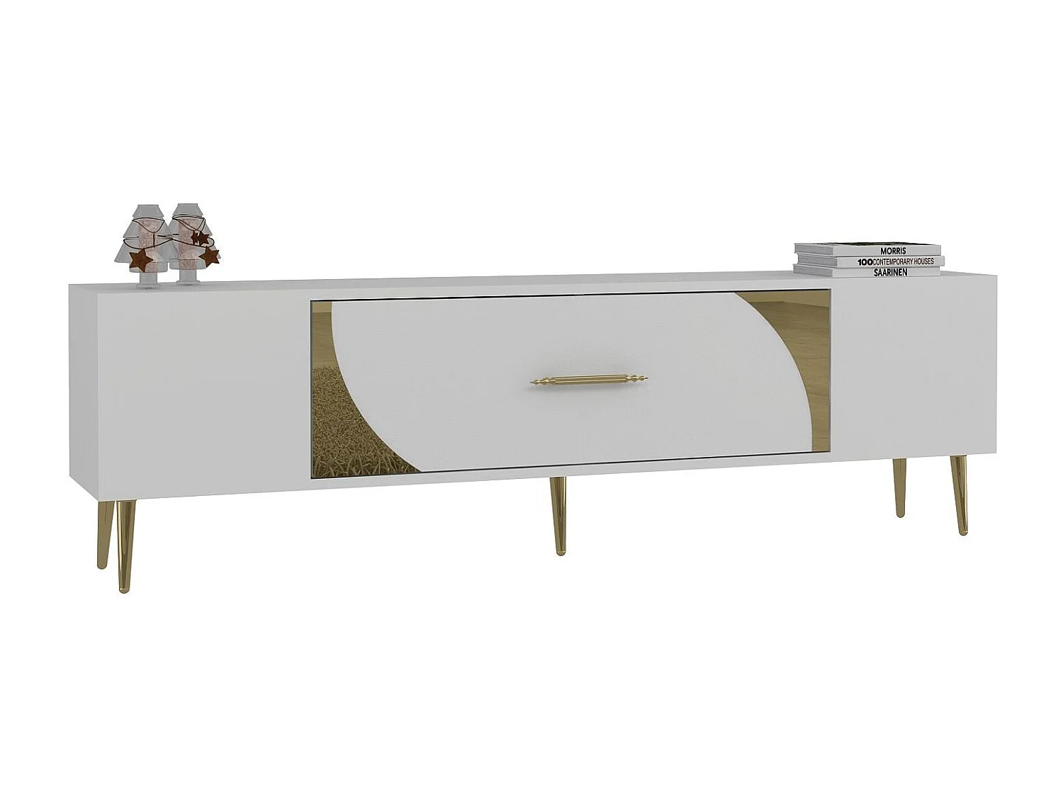 Meuble Tv design 1 porte basculante Mirale L150cm Blanc et Or