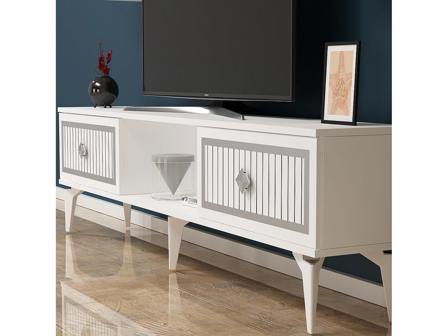 TV-Ständer – 150 cm x 44,6 cm x 29,6 cm – Weiß und Silber – Melaminbeschichtete Spanplatte