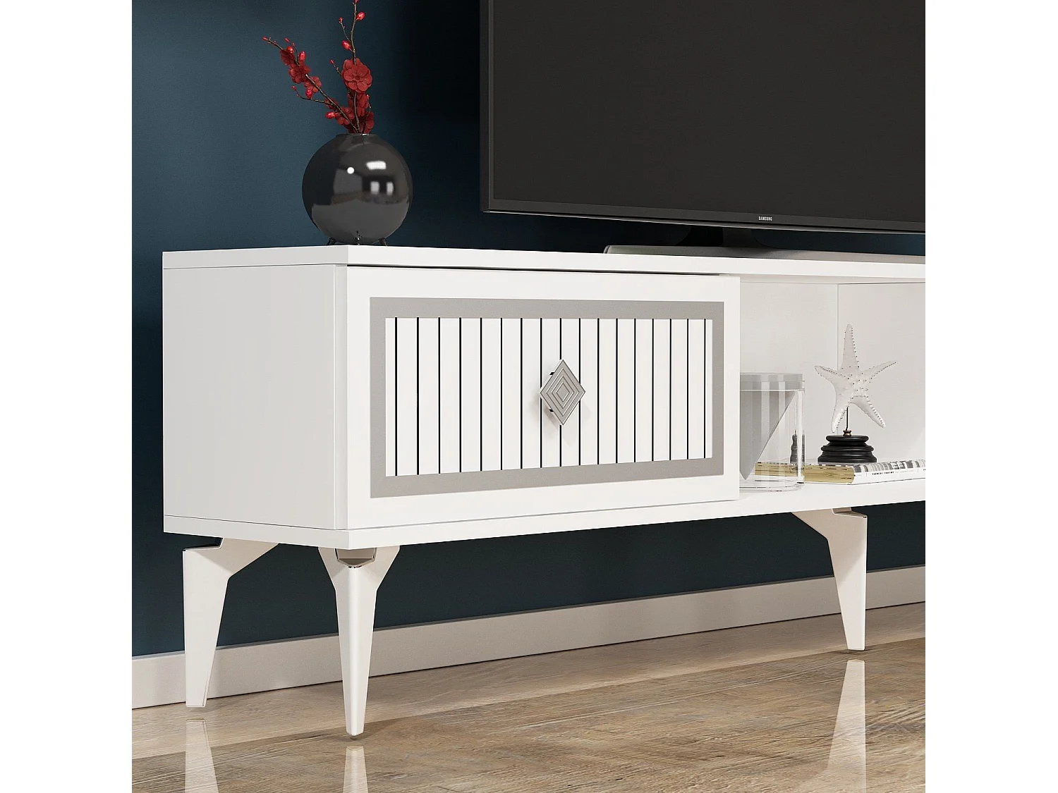 TV-Ständer – 150 cm x 44,6 cm x 29,6 cm – Weiß und Silber – Melaminbeschichtete Spanplatte