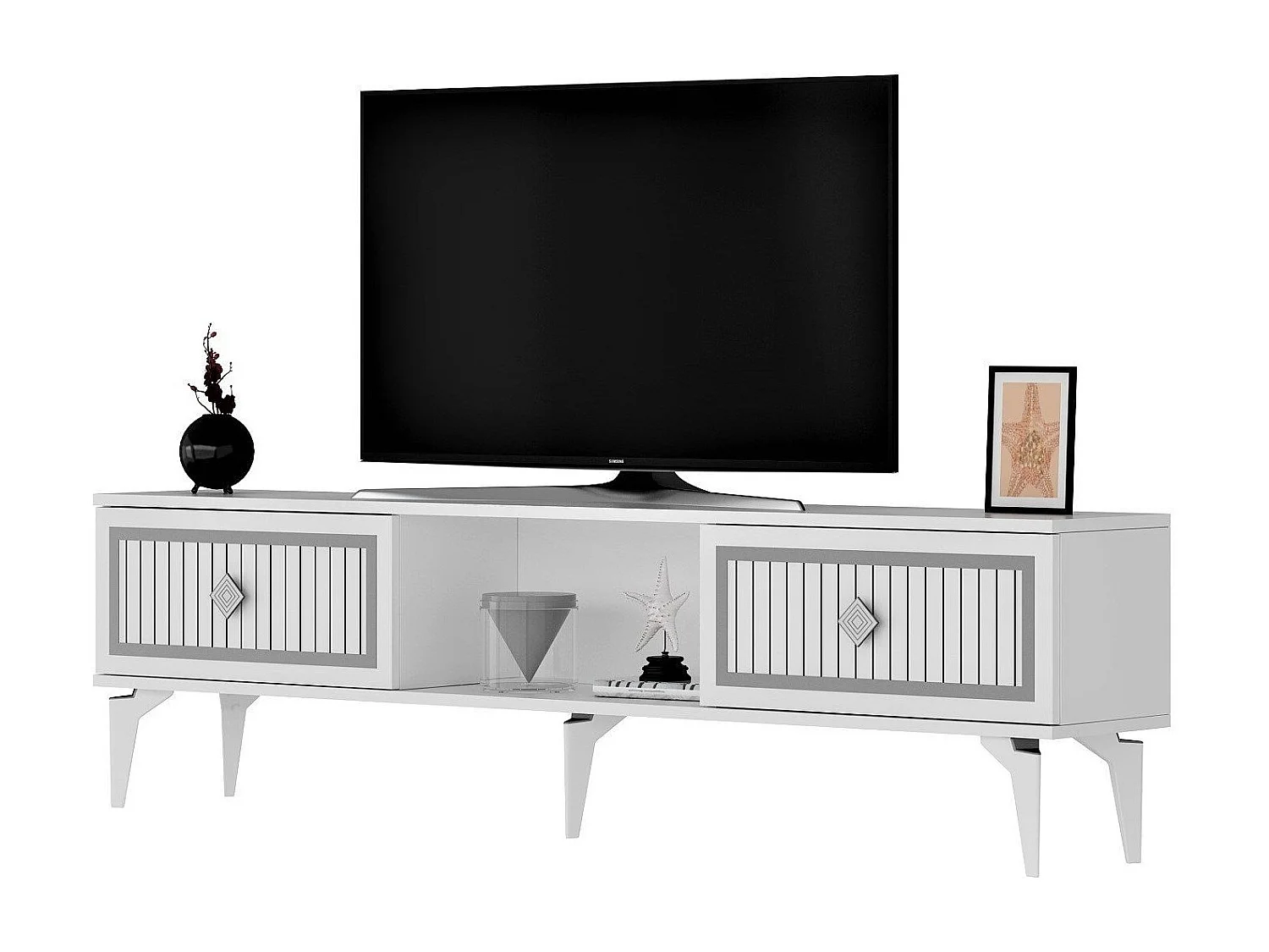 TV-Ständer – 150 cm x 44,6 cm x 29,6 cm – Weiß und Silber – Melaminbeschichtete Spanplatte