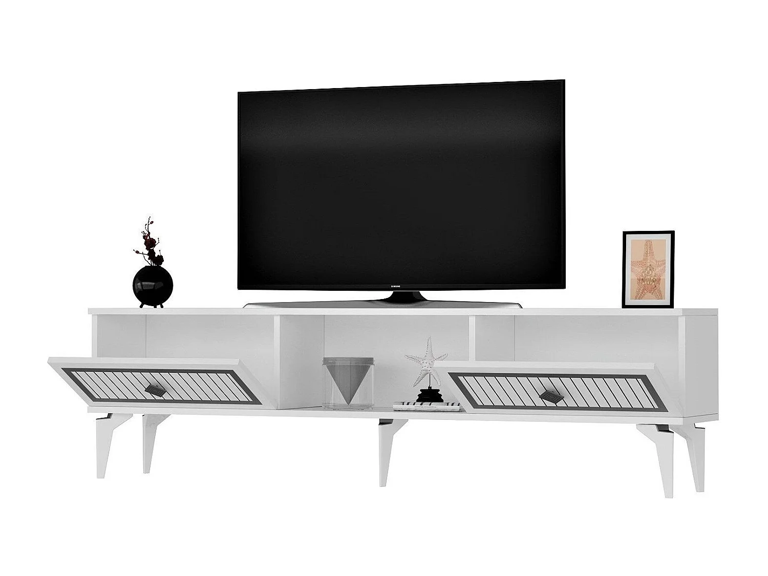 TV-Ständer – 150 cm x 44,6 cm x 29,6 cm – Weiß und Silber – Melaminbeschichtete Spanplatte