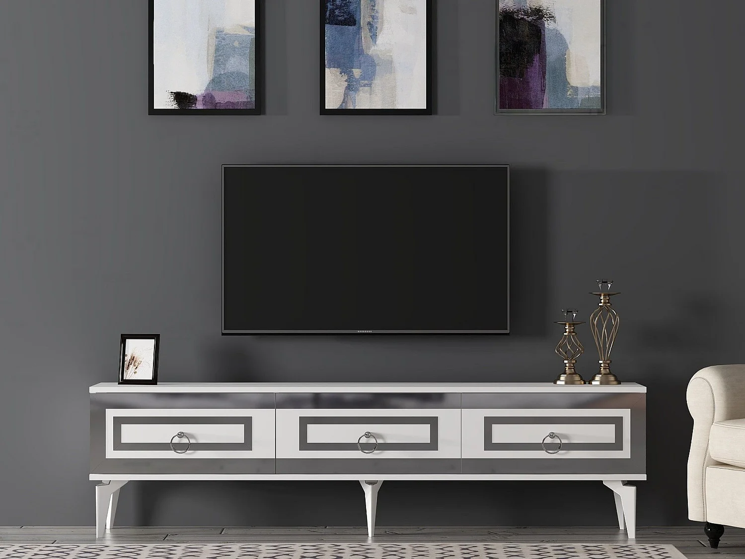 TV-Ständer – 180 cm x 29,6 cm x 44,6 cm – Weiß und Silber – Melaminbeschichtete Spanplatte