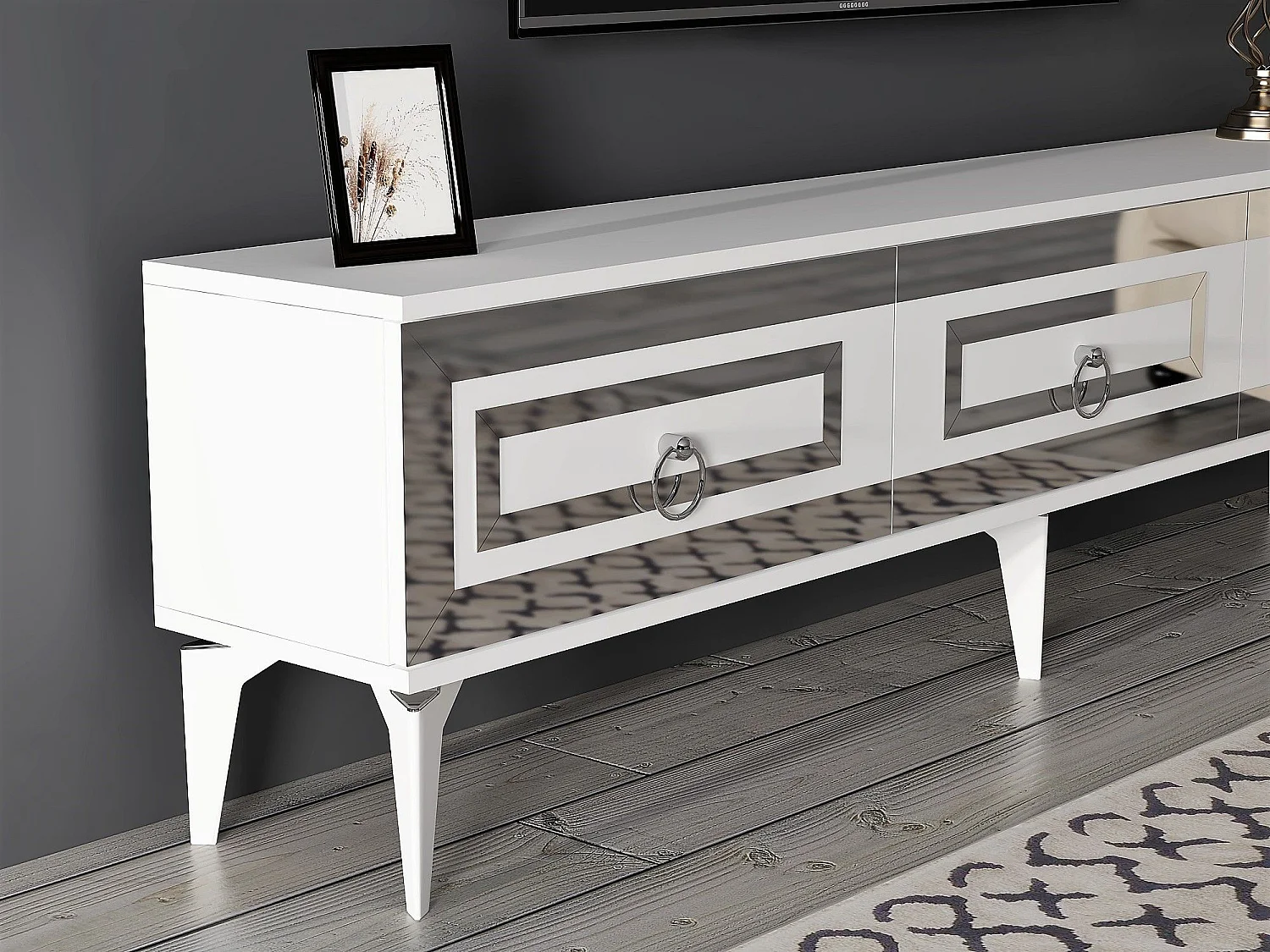 TV-Ständer – 180 cm x 29,6 cm x 44,6 cm – Weiß und Silber – Melaminbeschichtete Spanplatte