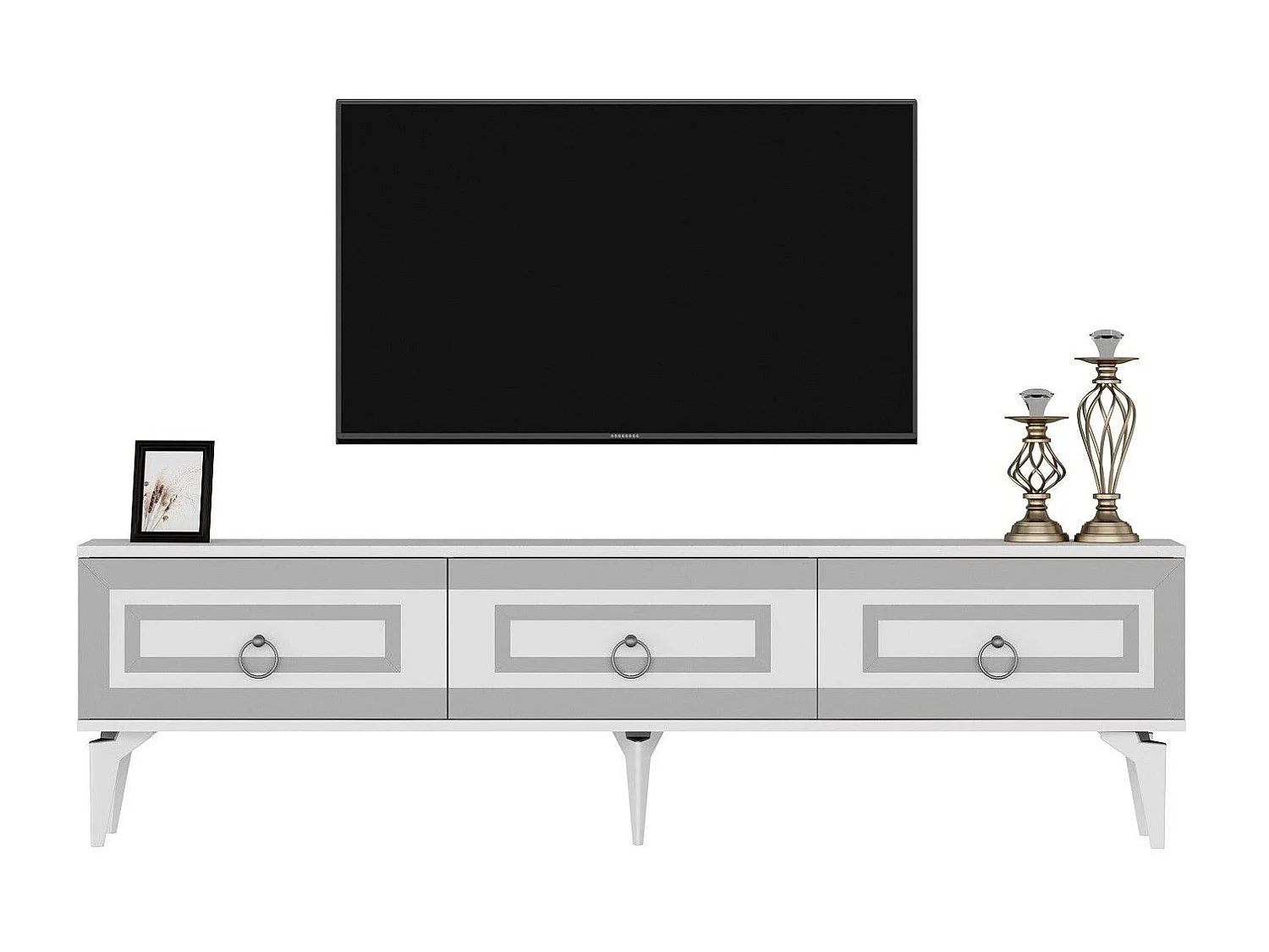 TV-Ständer – 180 cm x 29,6 cm x 44,6 cm – Weiß und Silber – Melaminbeschichtete Spanplatte