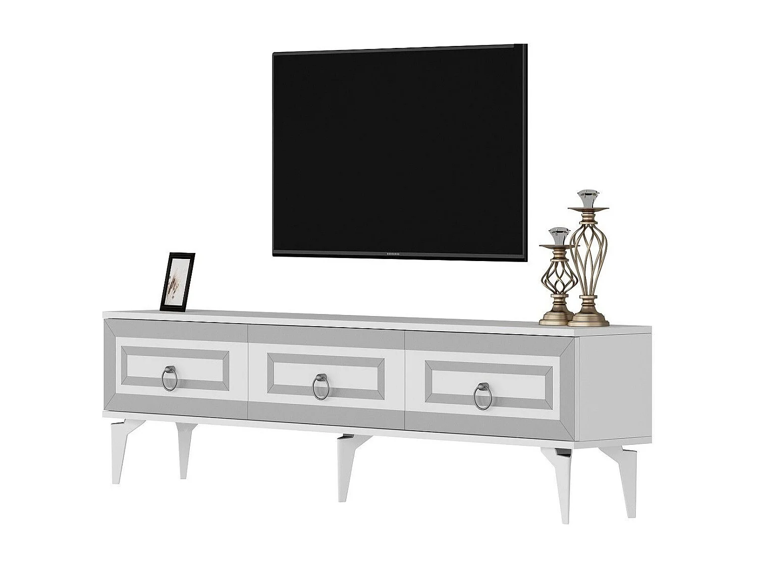 TV-Ständer – 180 cm x 29,6 cm x 44,6 cm – Weiß und Silber – Melaminbeschichtete Spanplatte
