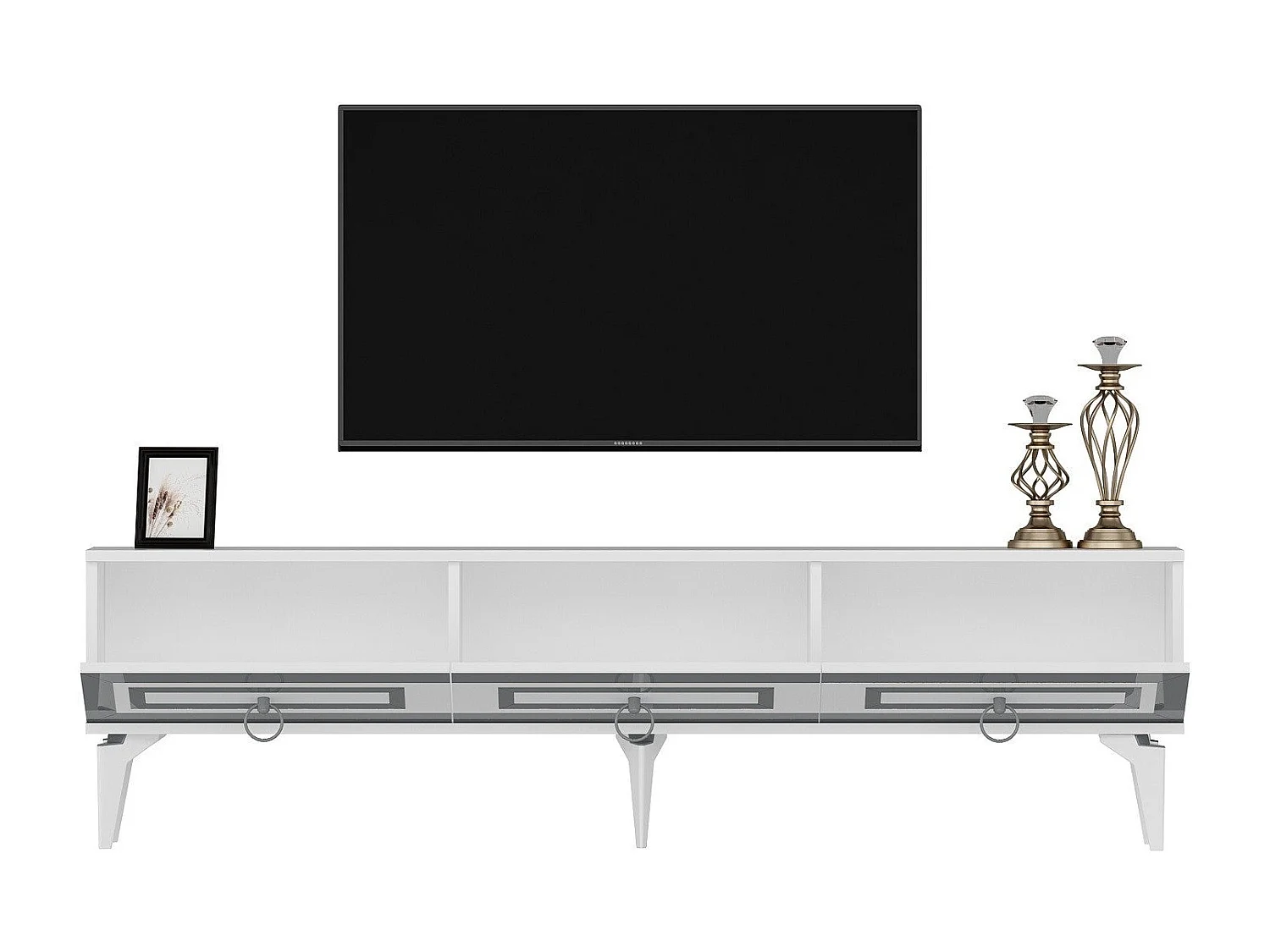 TV-Ständer – 180 cm x 29,6 cm x 44,6 cm – Weiß und Silber – Melaminbeschichtete Spanplatte