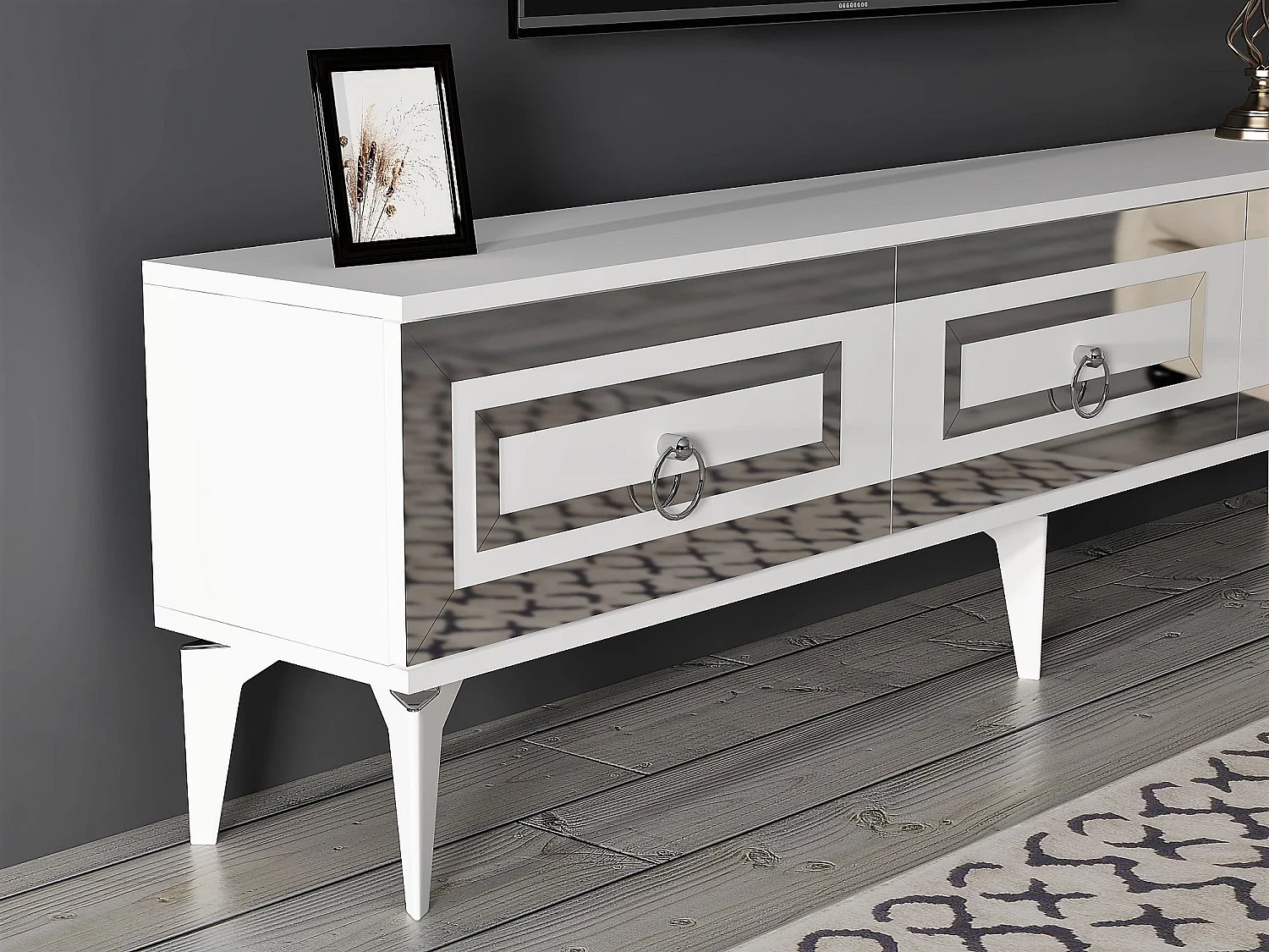 TV-Ständer – 180 cm x 29,6 cm x 44,6 cm – Weiß und Silber – Melaminbeschichtete Spanplatte