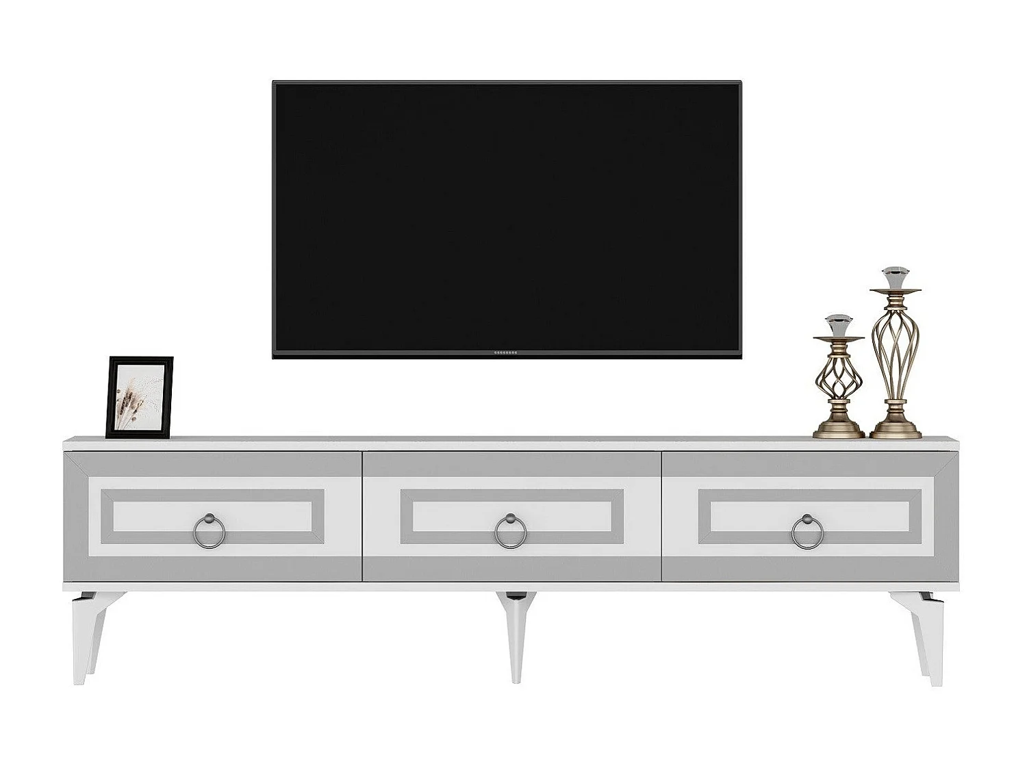 TV-Ständer – 180 cm x 29,6 cm x 44,6 cm – Weiß und Silber – Melaminbeschichtete Spanplatte