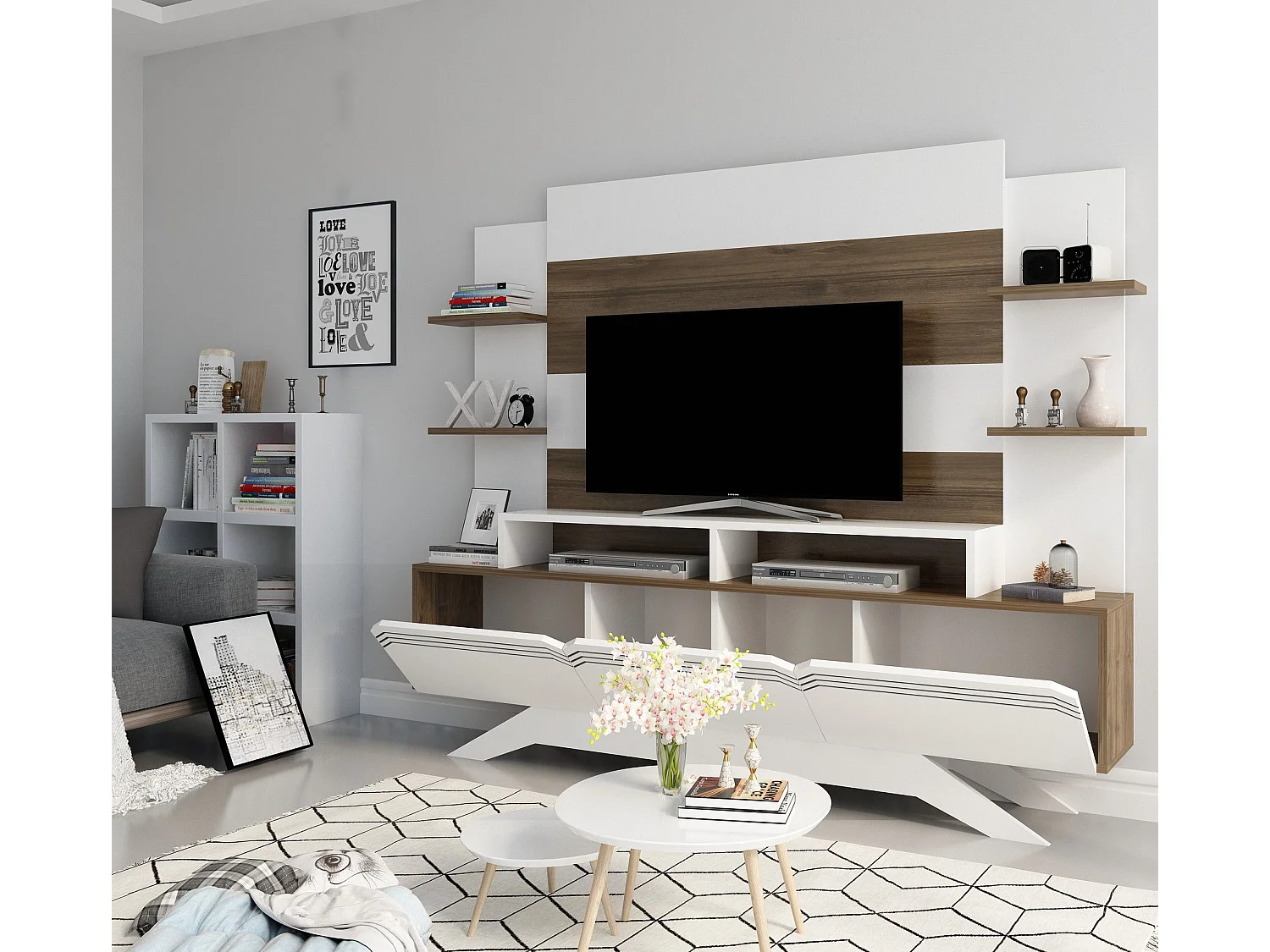 Mueble de TV moderno – 180 cm x 148,6 cm x 29,5 cm – nogal y blanco – melamina