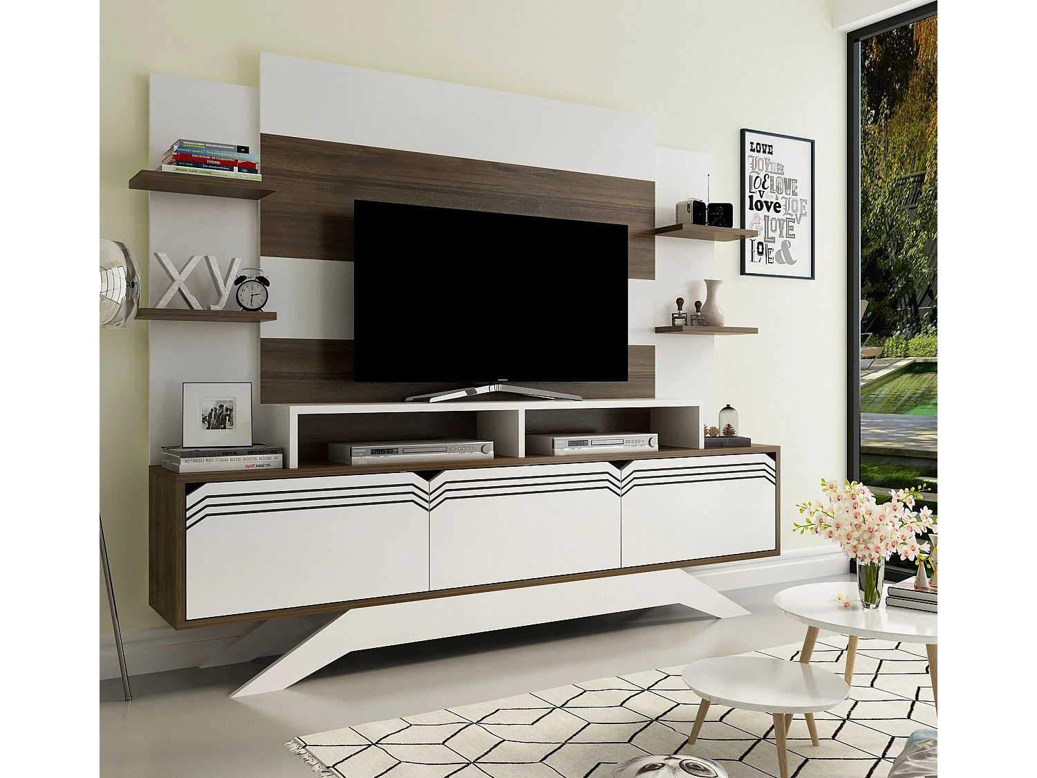 Mueble de TV moderno – 180 cm x 148,6 cm x 29,5 cm – nogal y blanco – melamina