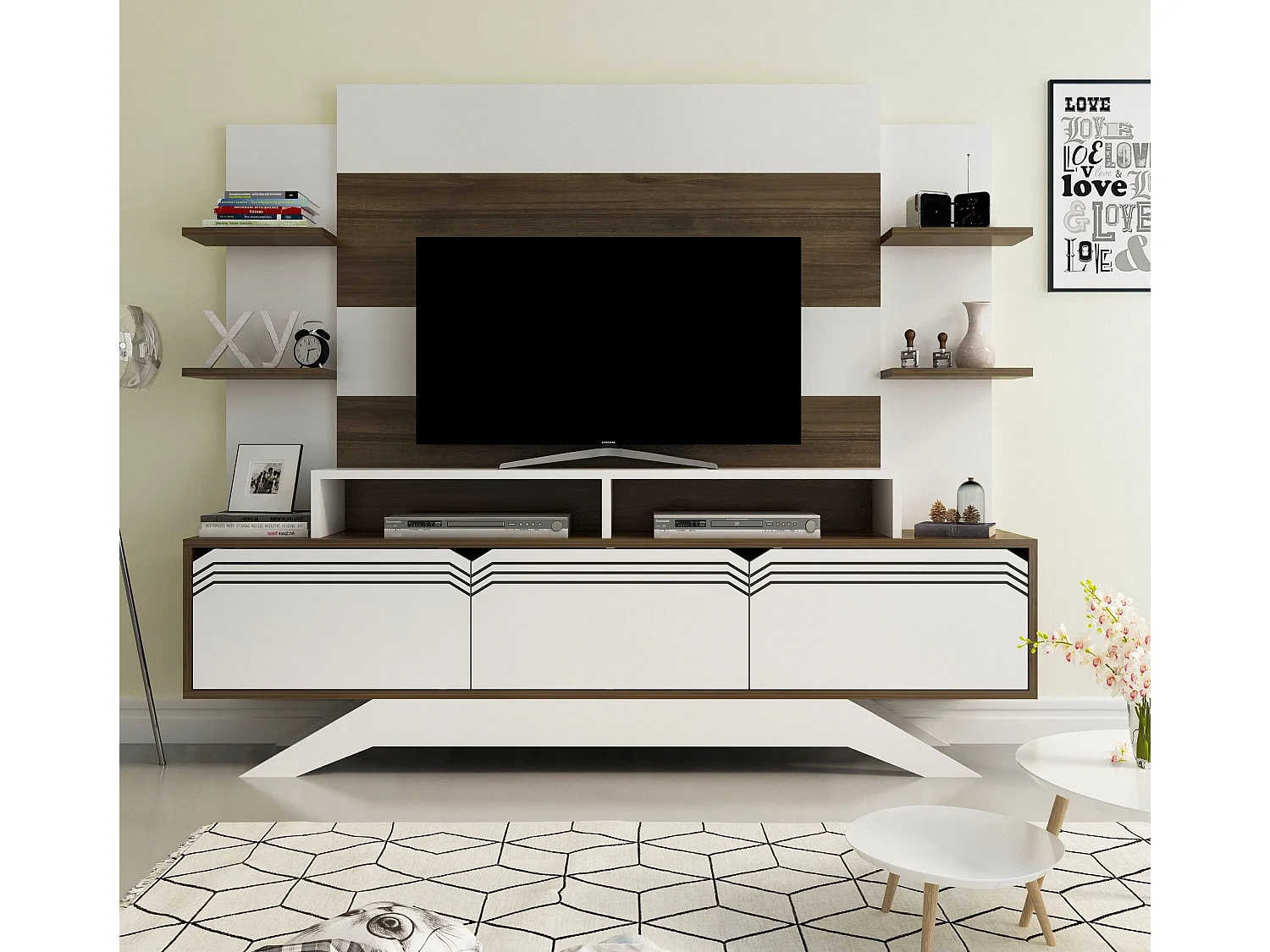 Mueble de TV moderno – 180 cm x 148,6 cm x 29,5 cm – nogal y blanco – melamina