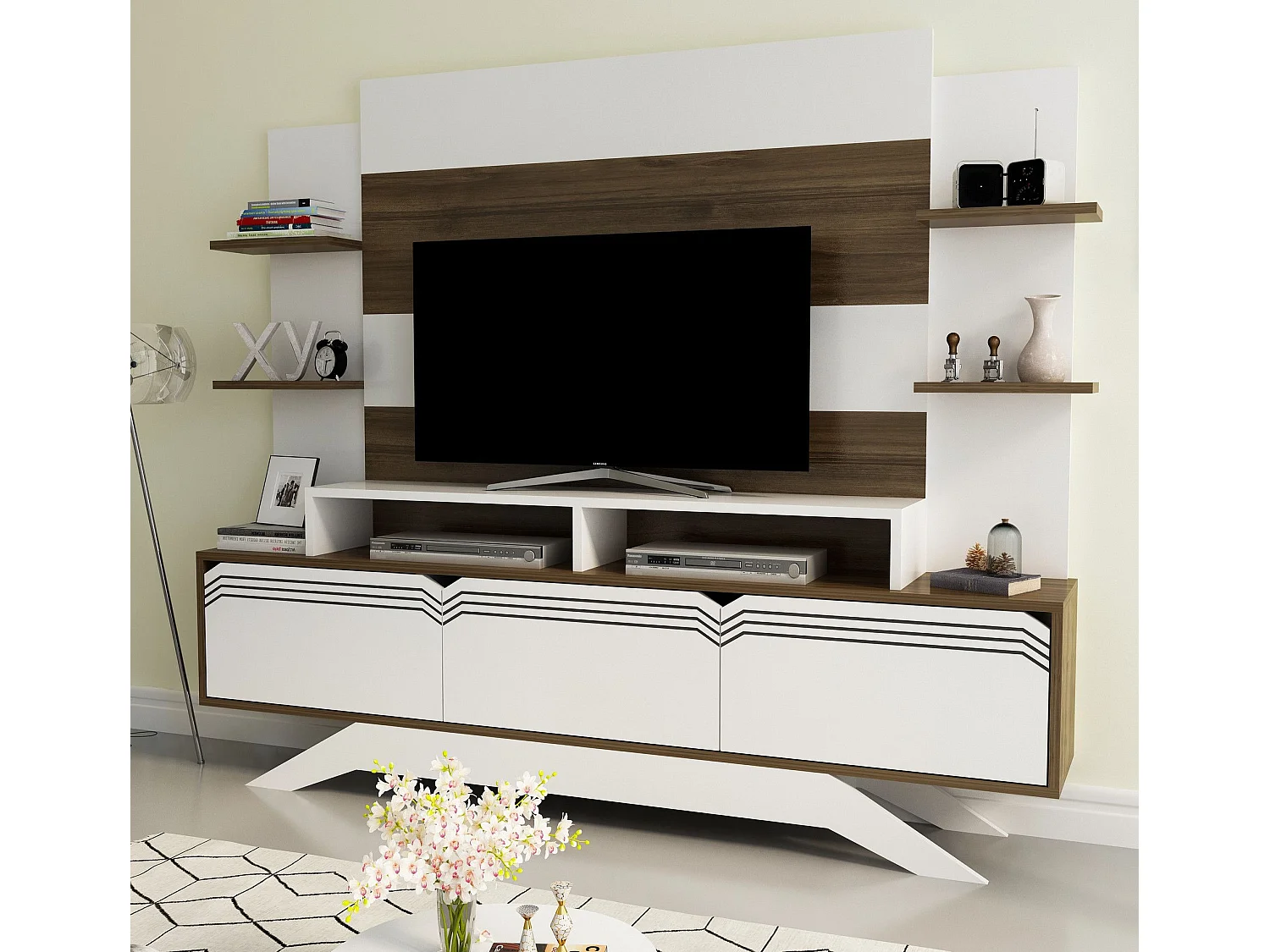 Mueble de TV moderno – 180 cm x 148,6 cm x 29,5 cm – nogal y blanco – melamina