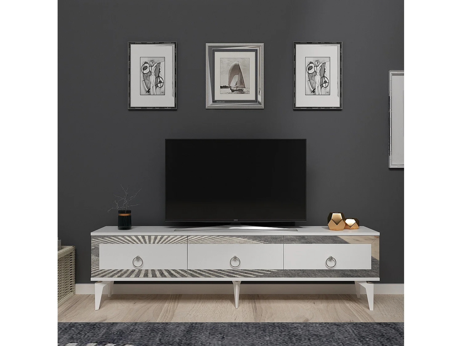 TV-Ständer – 180 cm x 29,6 cm x 44,6 cm – Weiß und Silber – Melaminbeschichtete Spanplatte