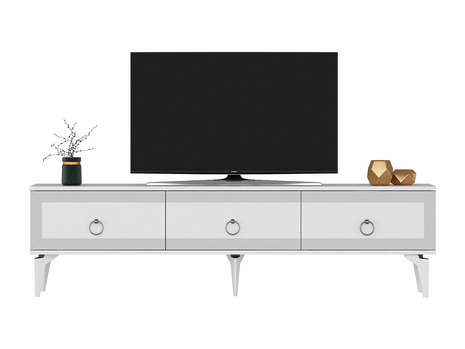 TV-Ständer – 180 cm x 29,6 cm x 44,6 cm – Weiß und Silber – Melaminbeschichtete Spanplatte
