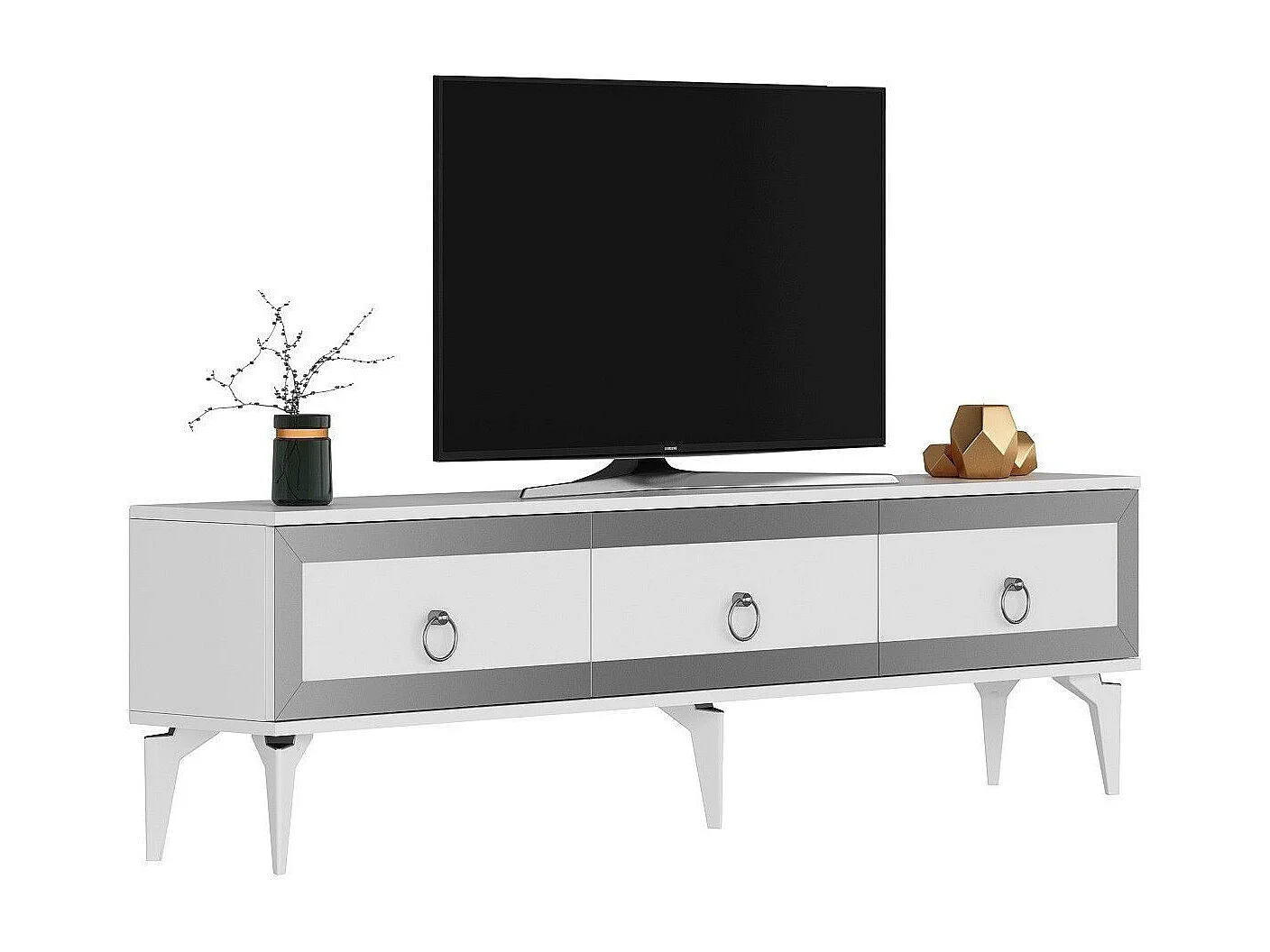 TV-Ständer – 180 cm x 29,6 cm x 44,6 cm – Weiß und Silber – Melaminbeschichtete Spanplatte