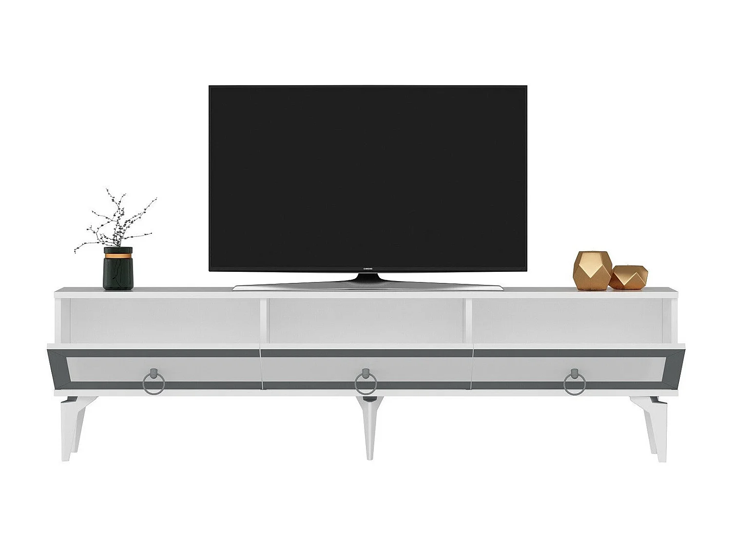 TV-Ständer – 180 cm x 29,6 cm x 44,6 cm – Weiß und Silber – Melaminbeschichtete Spanplatte