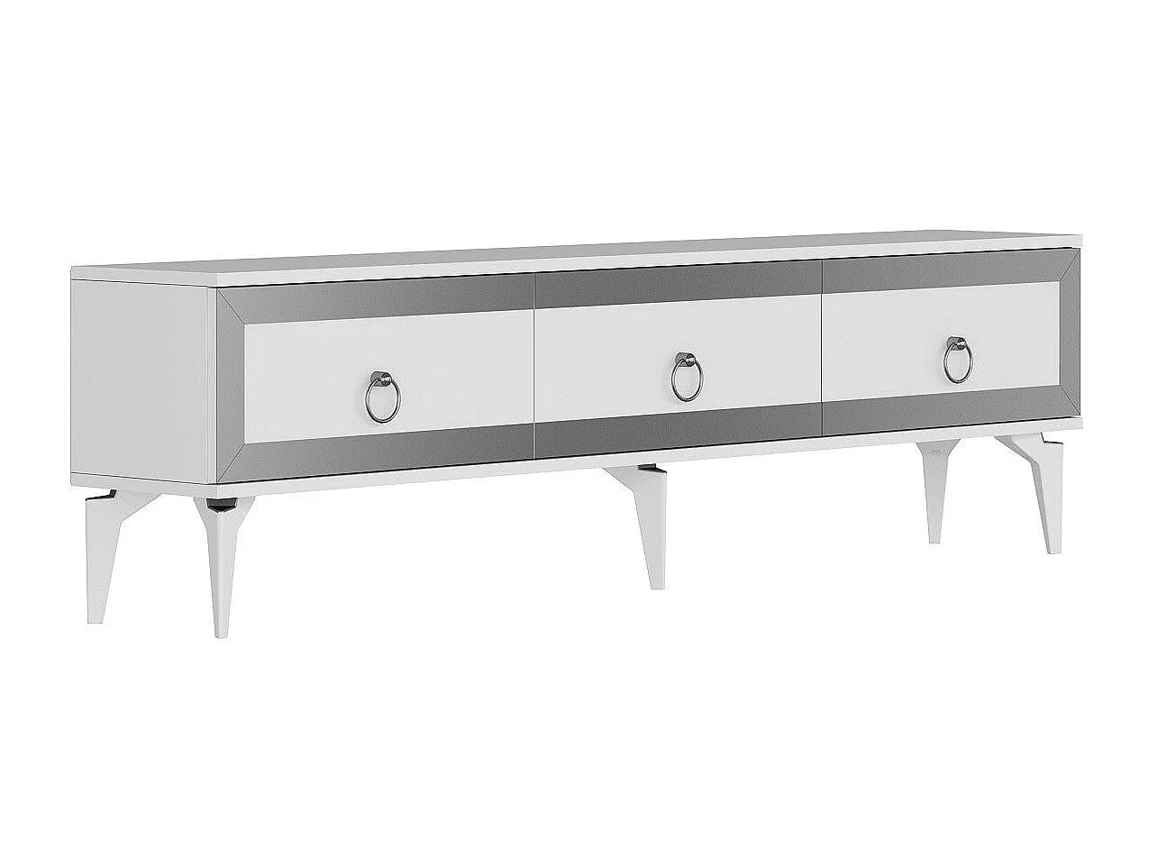 TV-Ständer – 180 cm x 29,6 cm x 44,6 cm – Weiß und Silber – Melaminbeschichtete Spanplatte