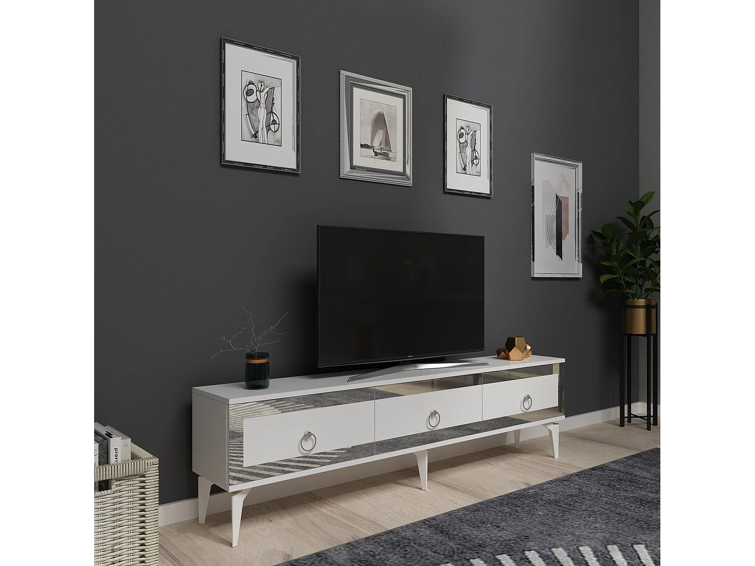 TV-Ständer – 180 cm x 29,6 cm x 44,6 cm – Weiß und Silber – Melaminbeschichtete Spanplatte