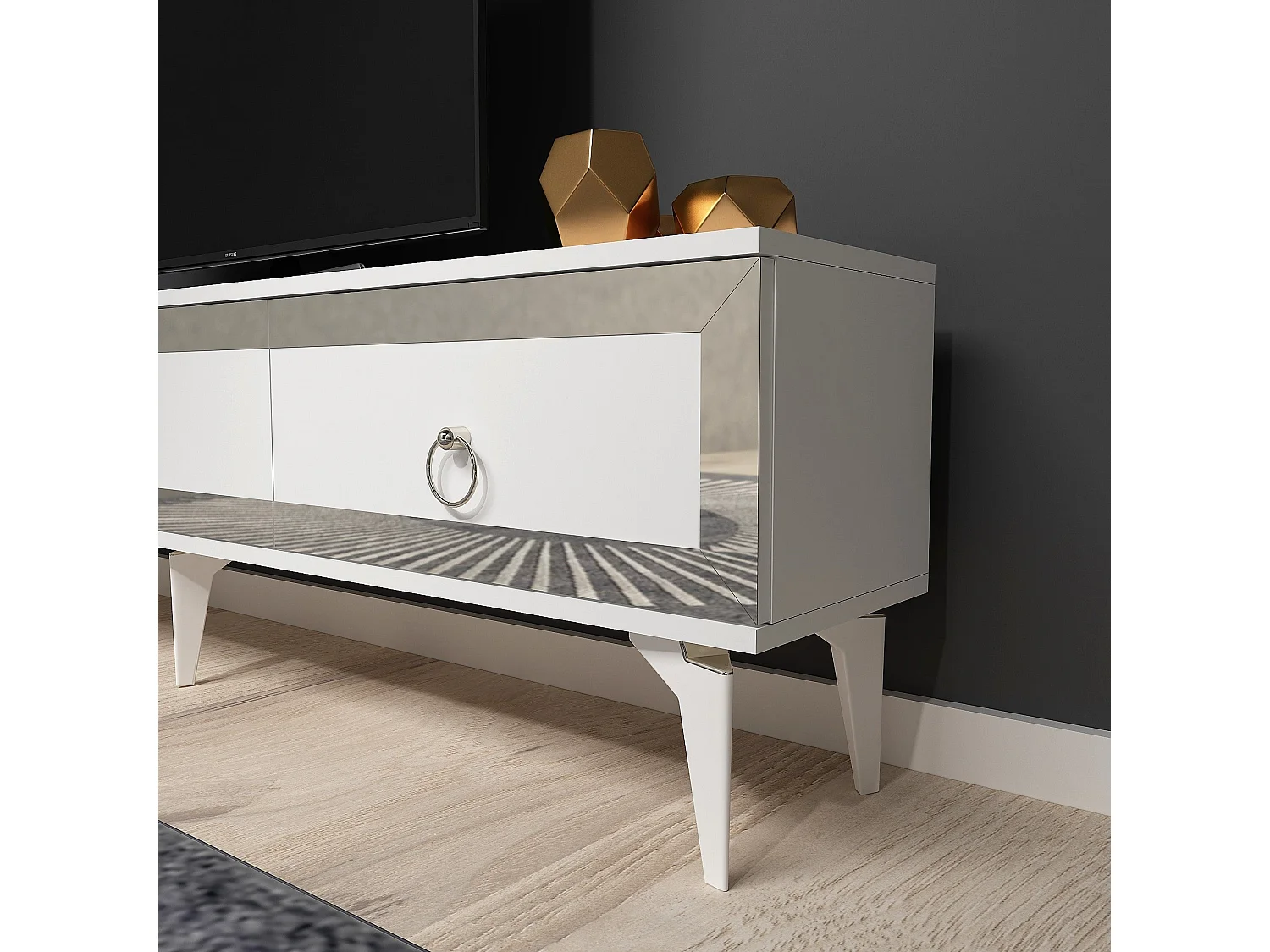 TV-Ständer – 180 cm x 29,6 cm x 44,6 cm – Weiß und Silber – Melaminbeschichtete Spanplatte