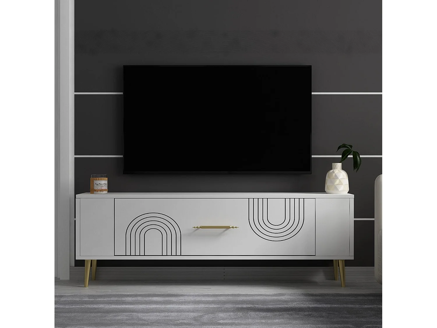 Mobile TV – 120 cm x 48,2 cm x 26,4 cm – Bianco e oro – Pannello truciolare